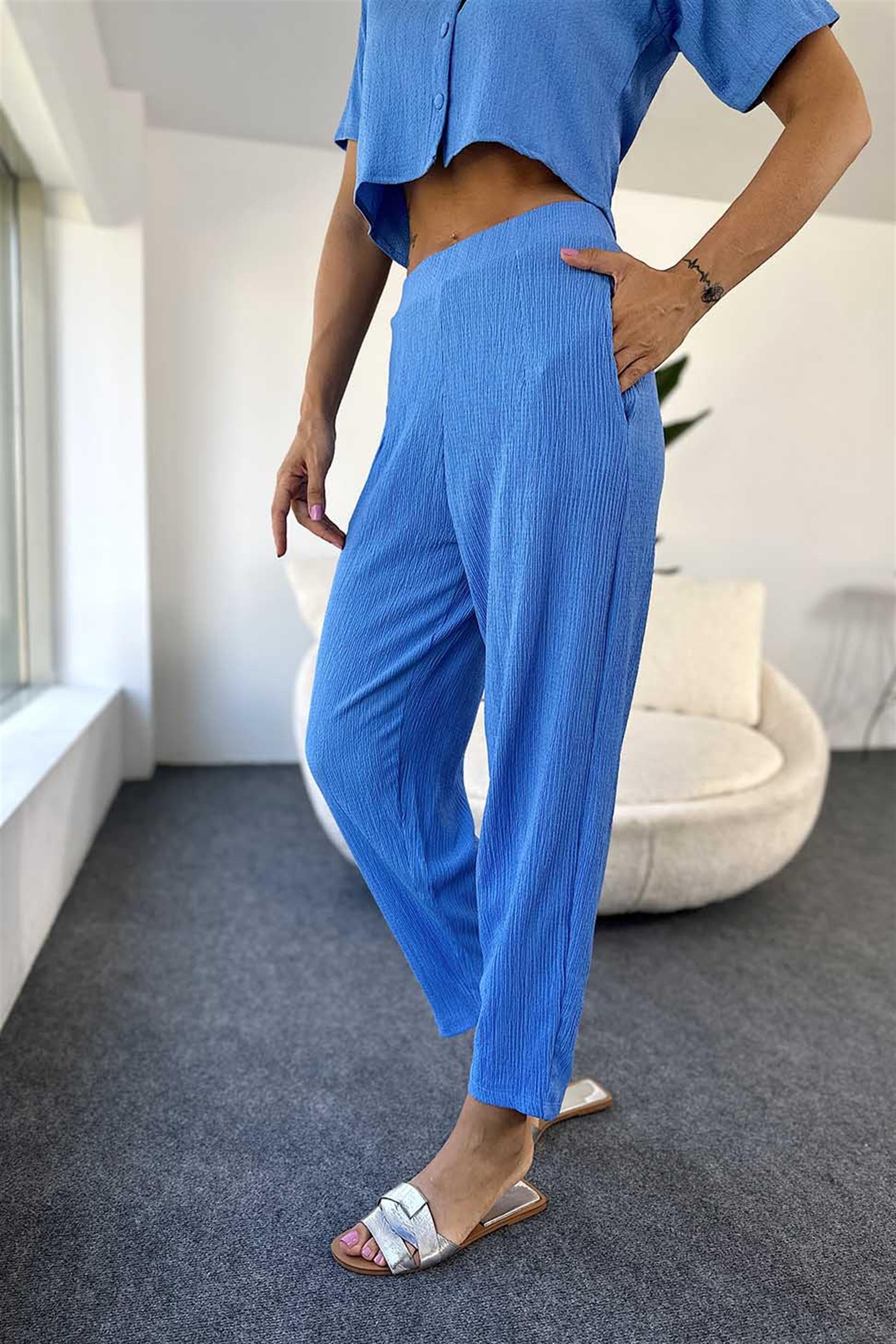 Lüx Kalite Gofre Kumaş Crop Pantolon Salaş Kadın Takım Mavi