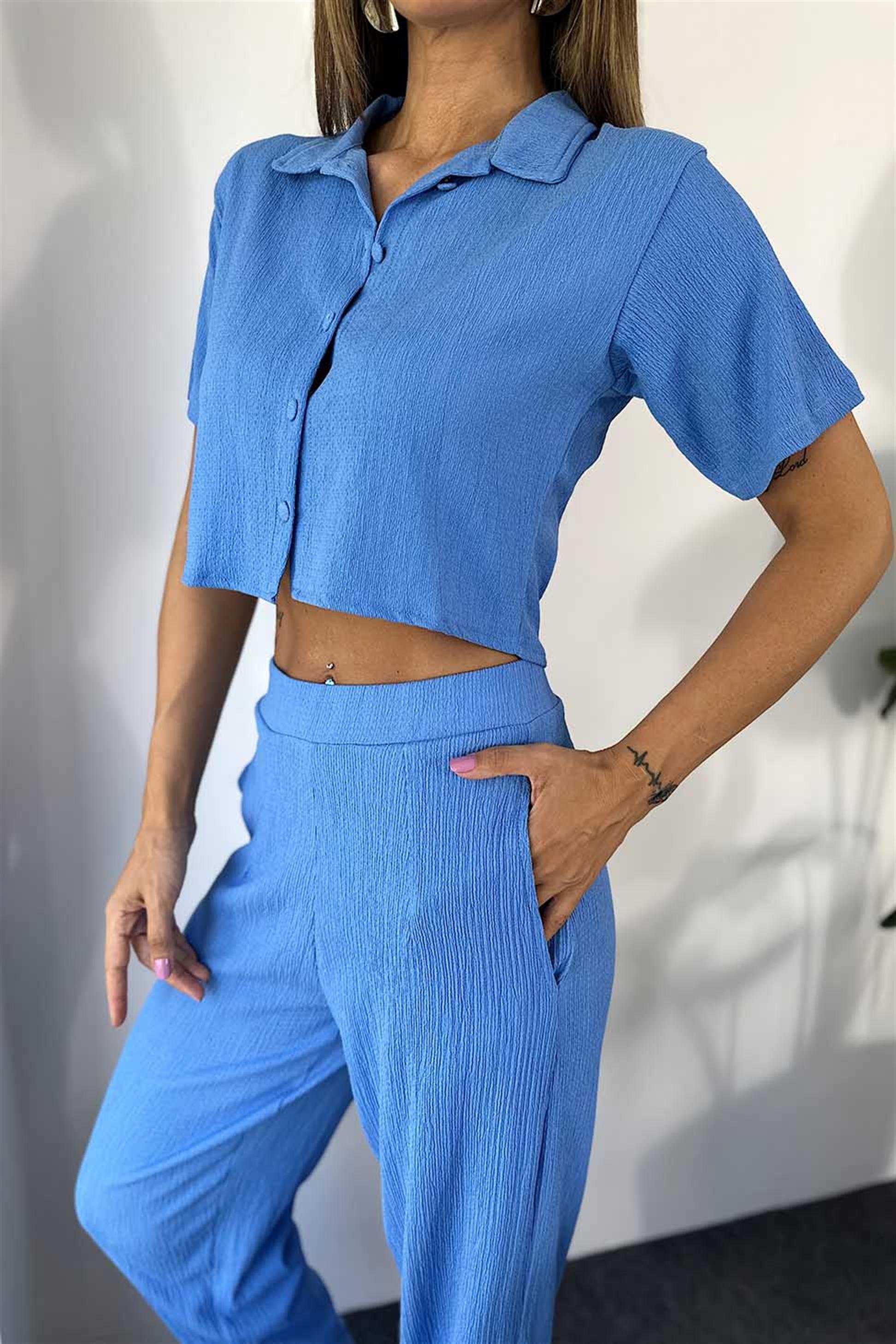 Lüx Kalite Gofre Kumaş Crop Pantolon Salaş Kadın Takım Mavi