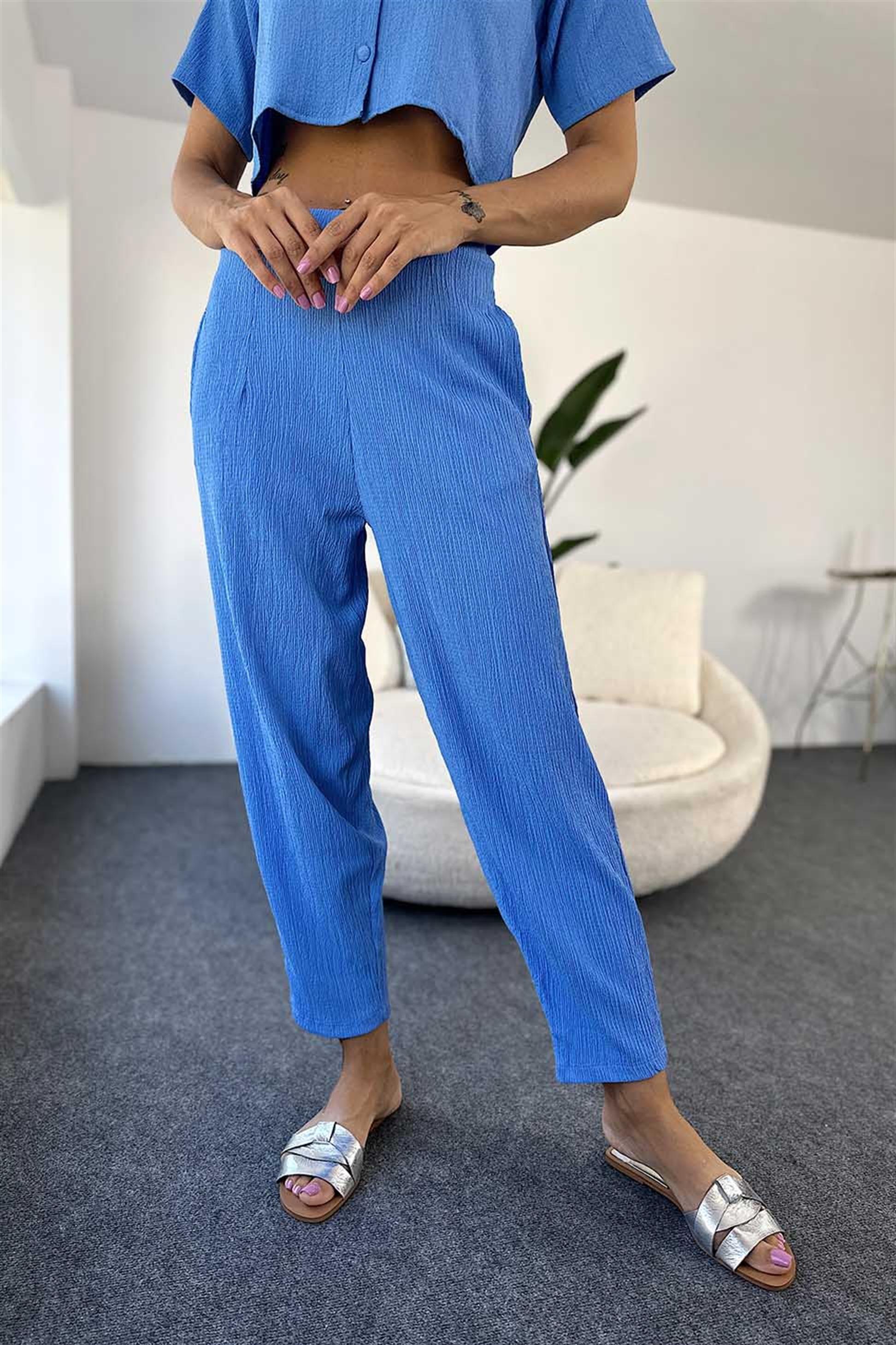 Lüx Kalite Gofre Kumaş Crop Pantolon Salaş Kadın Takım Mavi