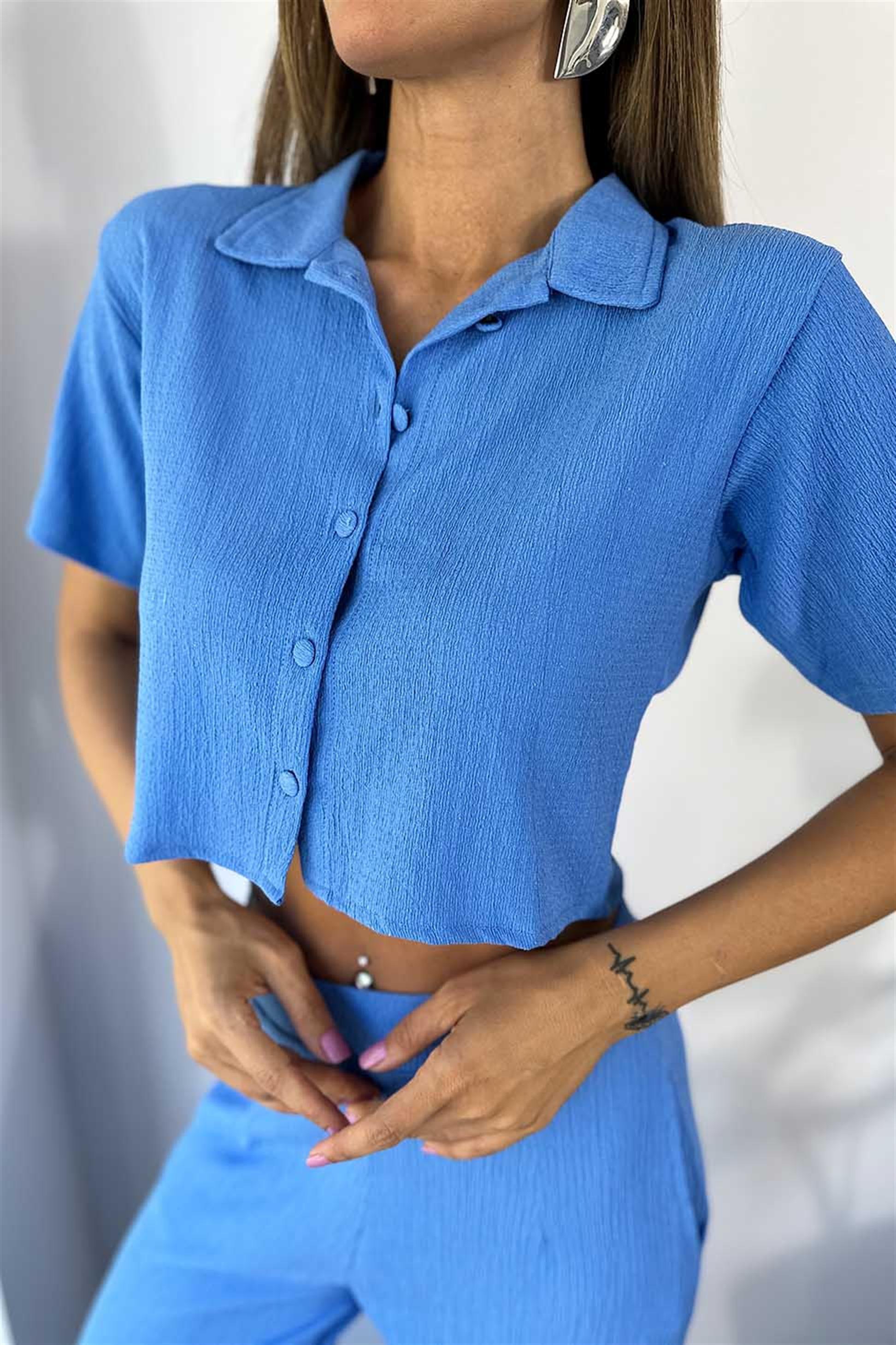 Lüx Kalite Gofre Kumaş Crop Pantolon Salaş Kadın Takım Mavi
