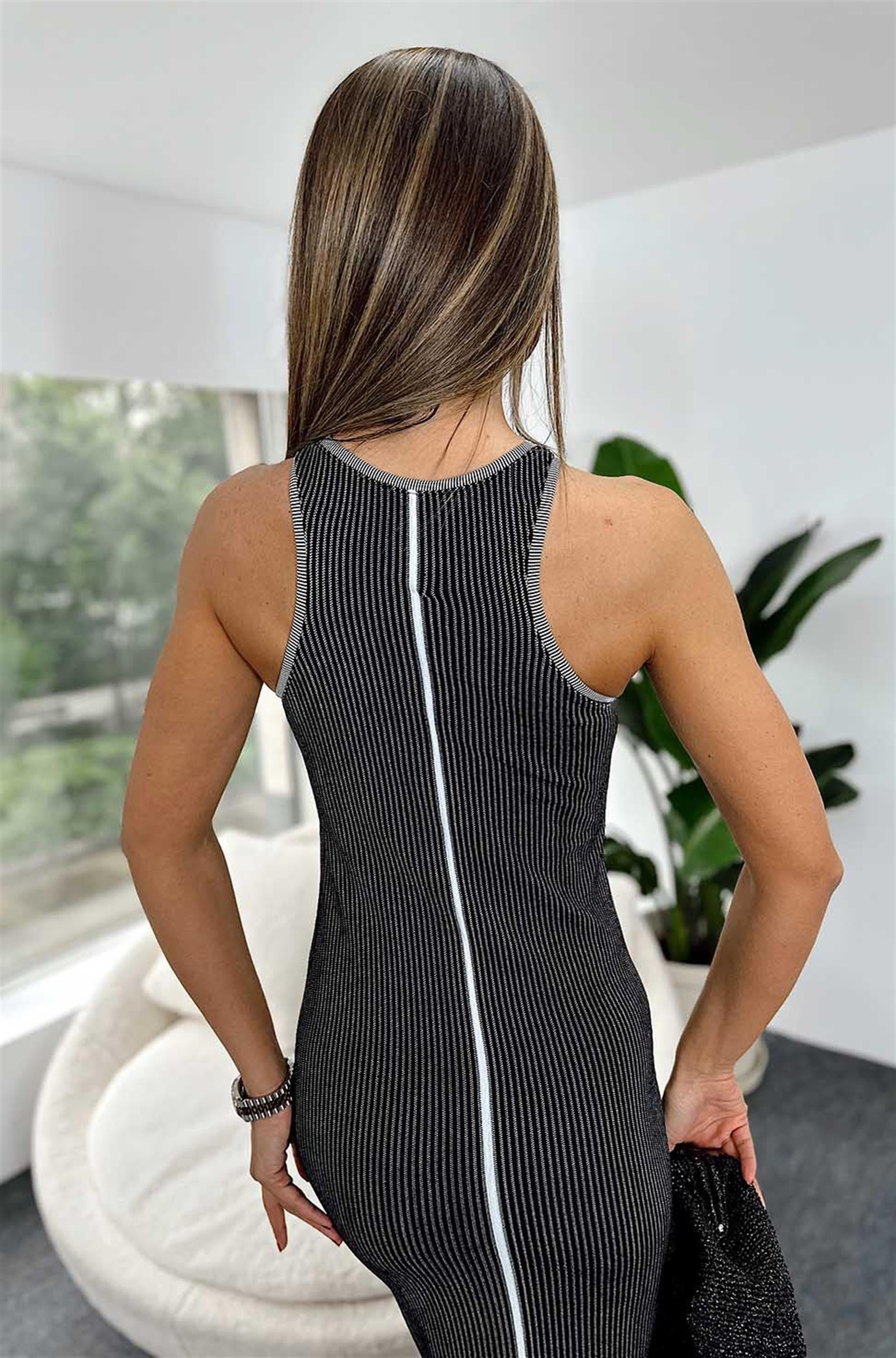 Lüx Kalite Halter Yaka Sık Örme Triko Çizgili Midi Elbise Siyah