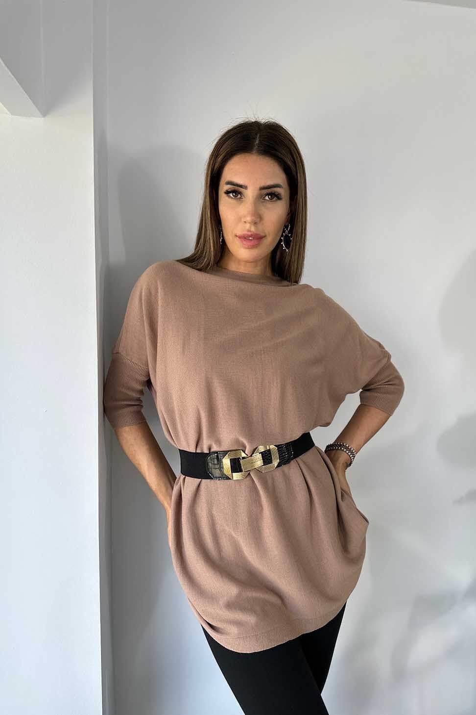 Lüx Kalite İnce Akrilik Örme Fakir Kol Oversize Kadın Kazak Vizon