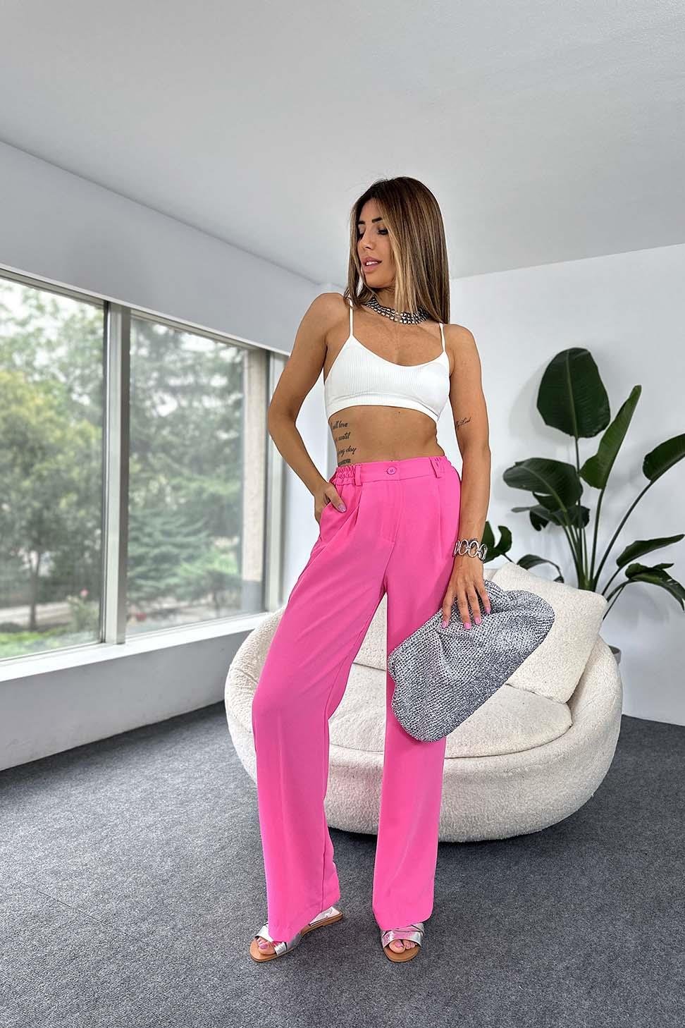 Lüx Kalite Krep Kumaş Beli Lastikli Salaş Yazlık Kadın Pantolon Pembe