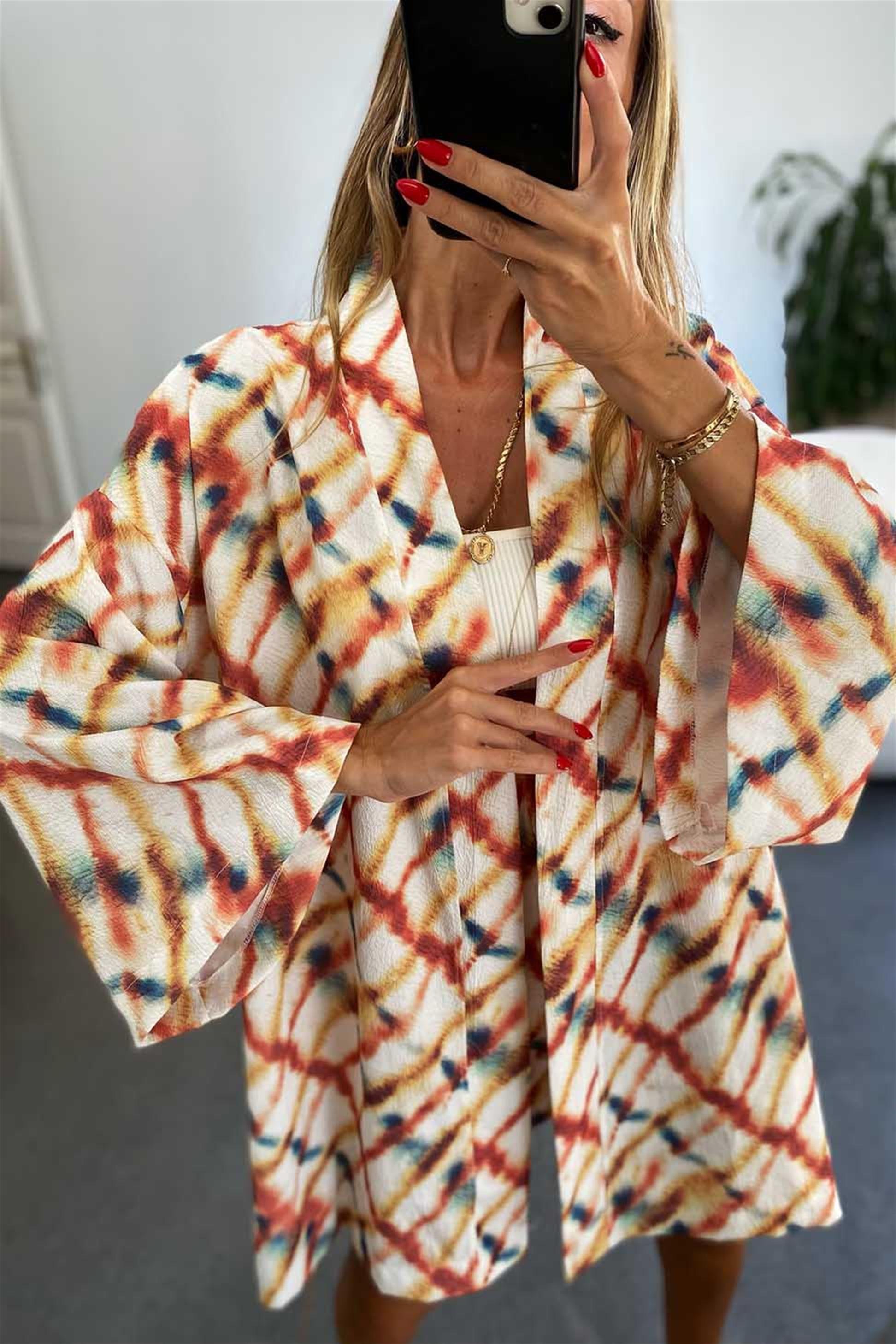 Lüx Kalite Krep Kumaş Çizgili Kimono Şort Kadın Takım Renkli