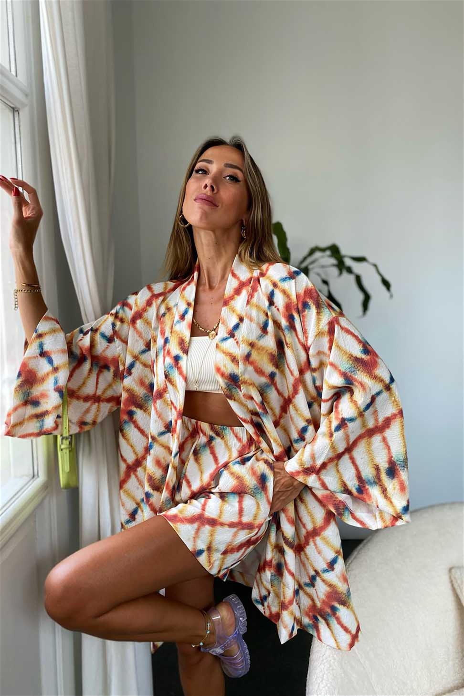 Lüx Kalite Krep Kumaş Çizgili Kimono Şort Kadın Takım Renkli