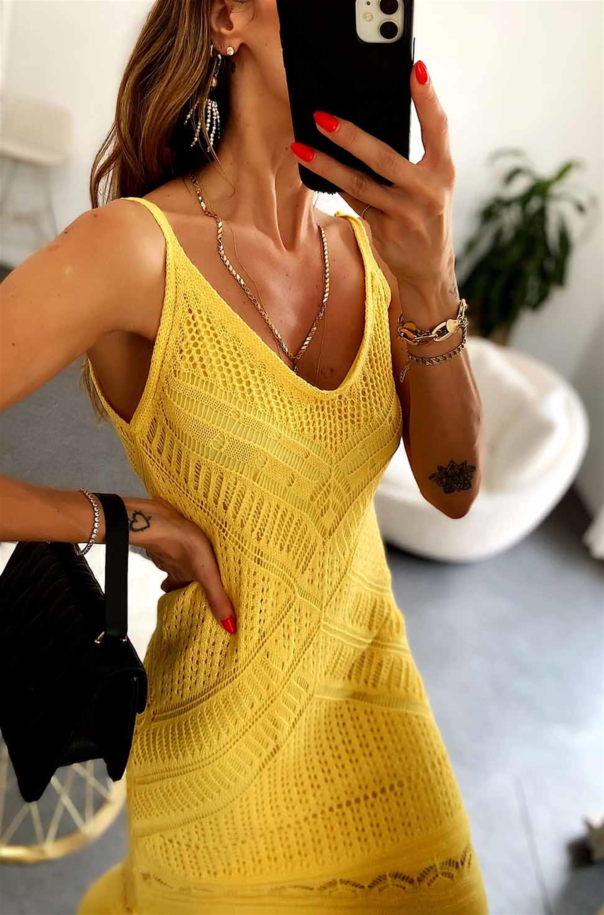 Lüx Kalite Tasarım Örme Elbise Sarı