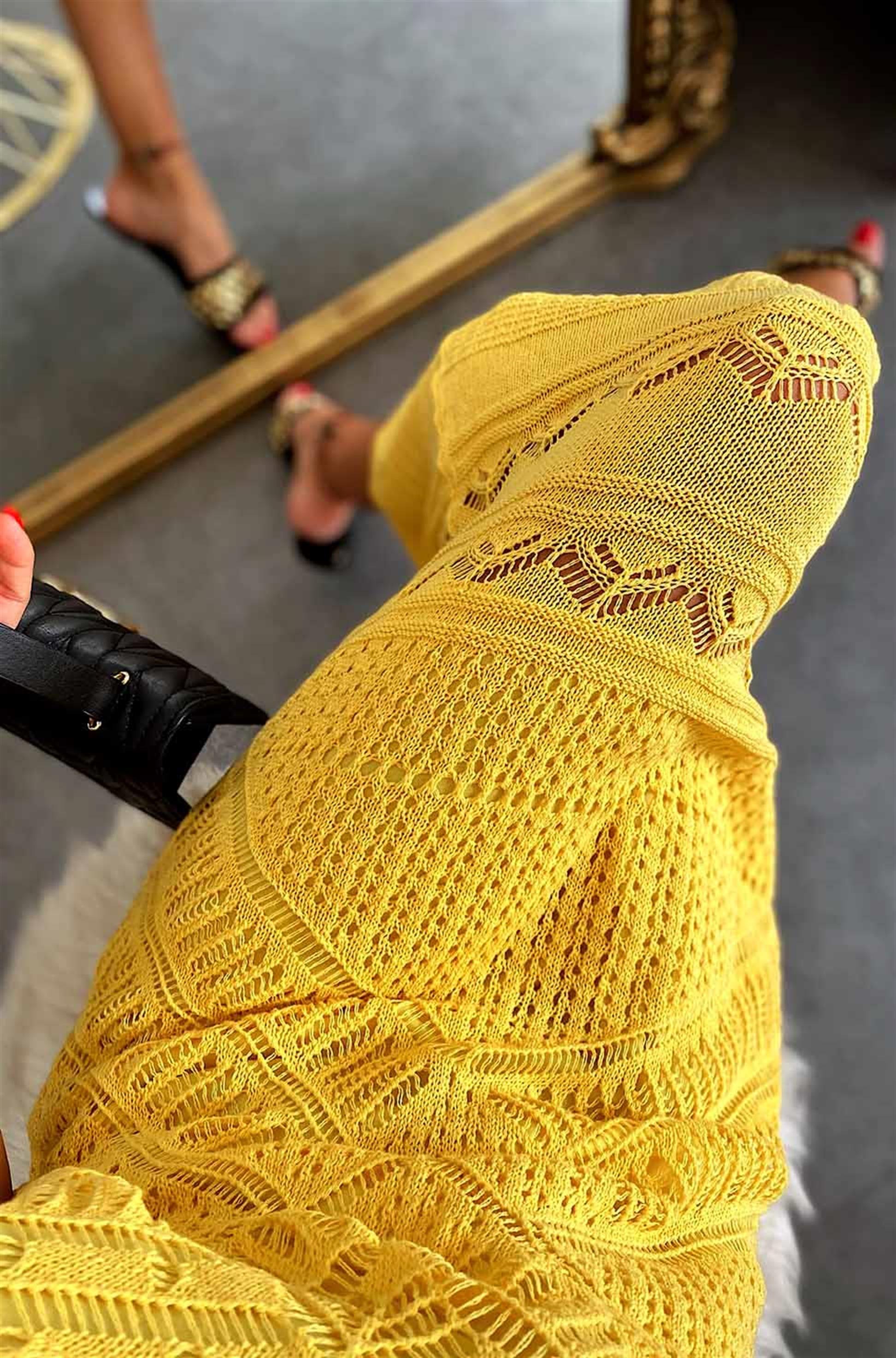 Lüx Kalite Tasarım Örme Elbise Sarı