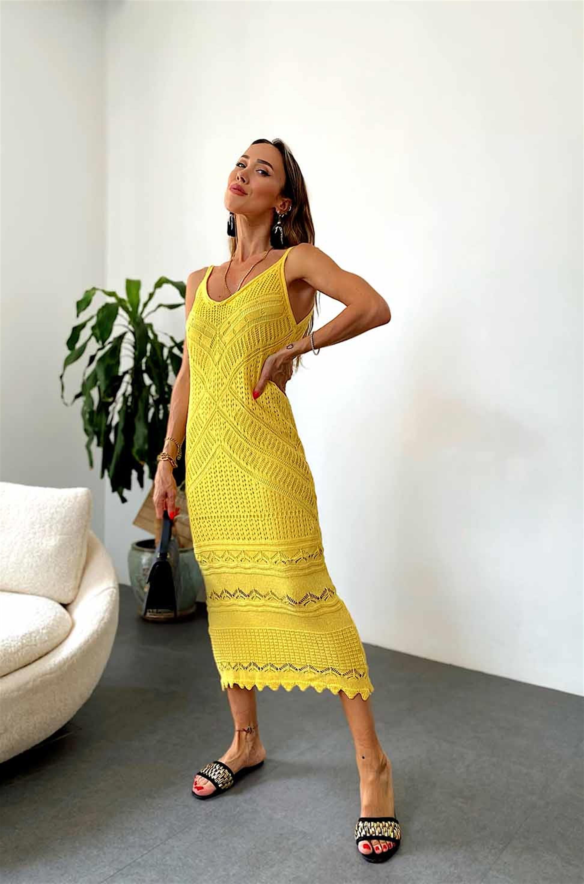 Lüx Kalite Tasarım Örme Elbise Sarı