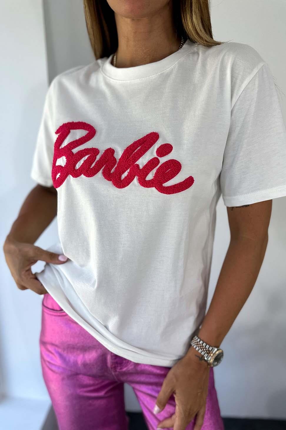 Marka Model Barbie Yazılı Kadın Tişört Beyaz
