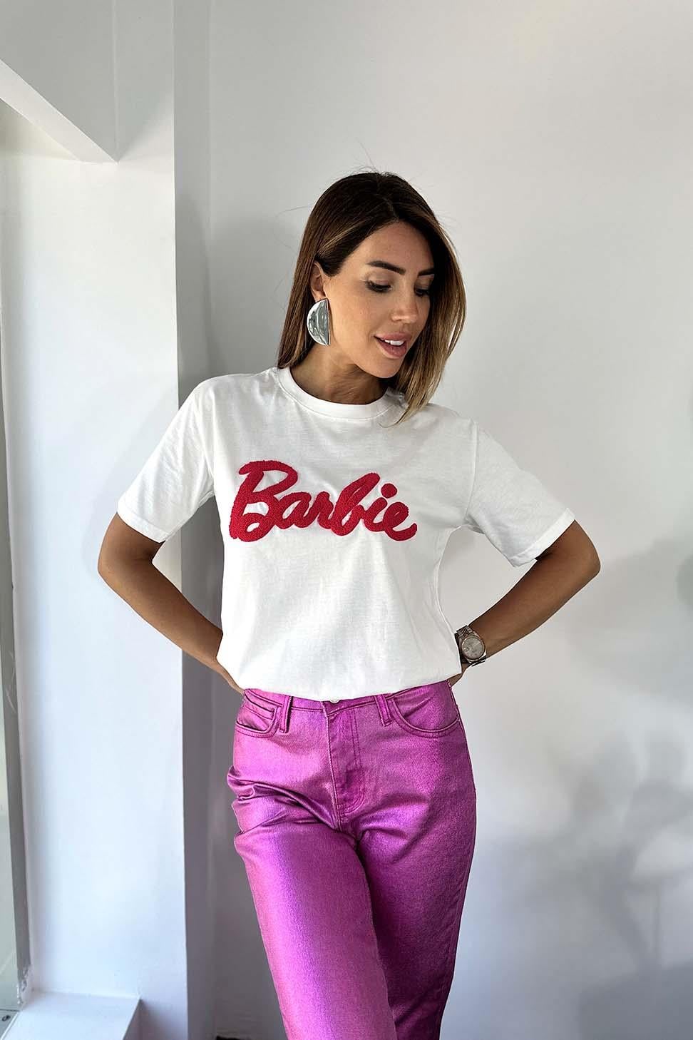 Marka Model Barbie Yazılı Kadın Tişört Beyaz