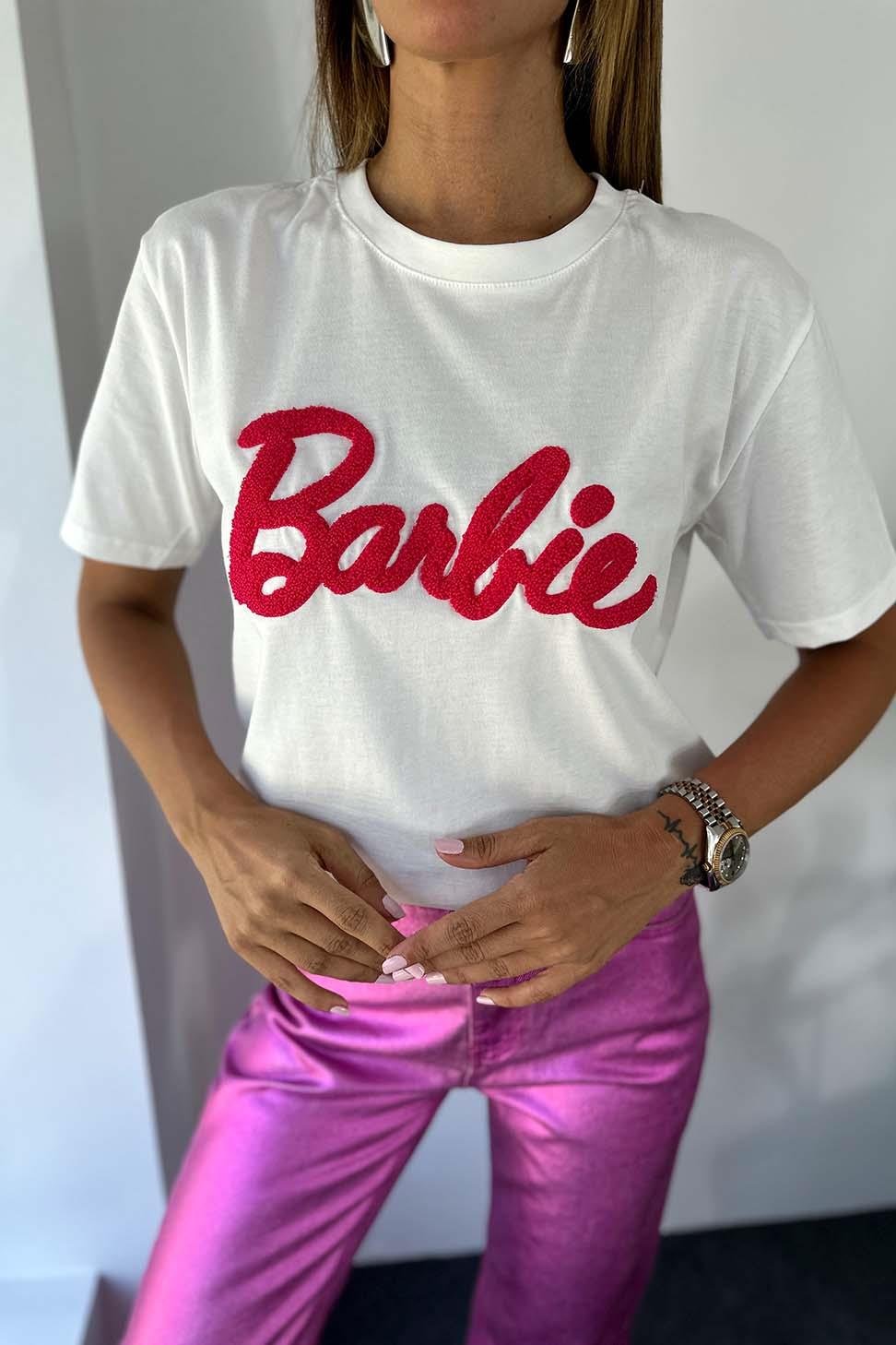 Marka Model Barbie Yazılı Kadın Tişört Beyaz