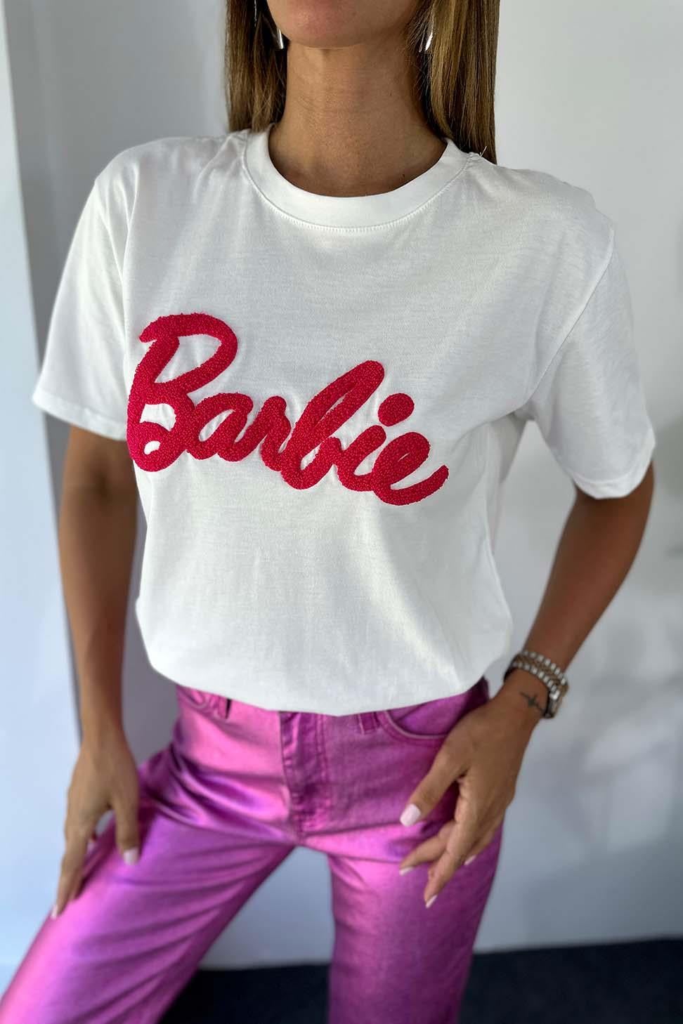 Marka Model Barbie Yazılı Kadın Tişört Beyaz