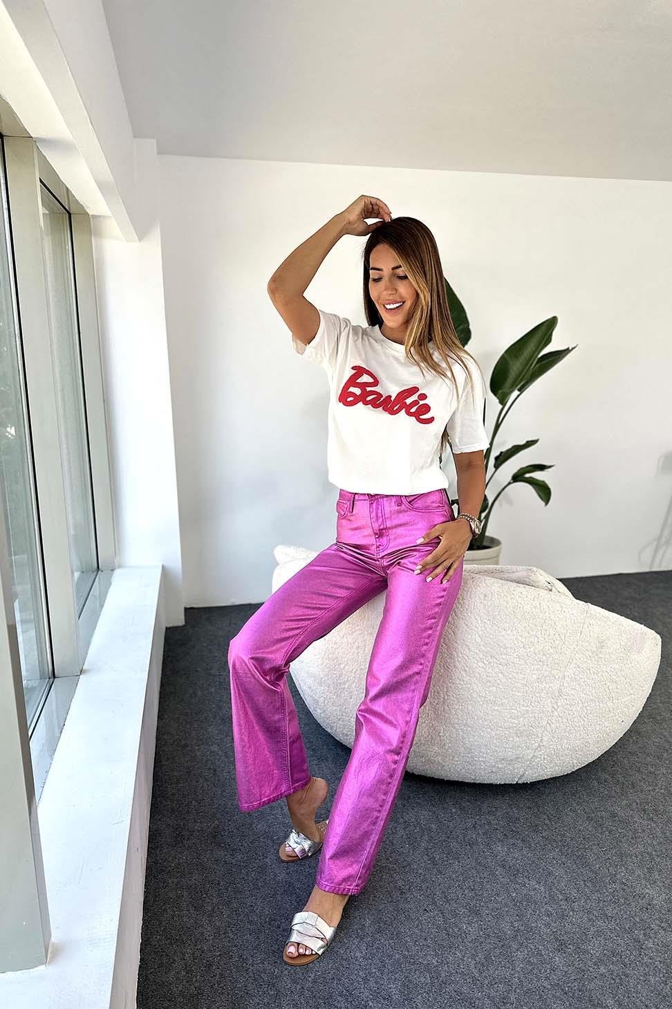 Marka Model Barbie Yazılı Kadın Tişört Beyaz