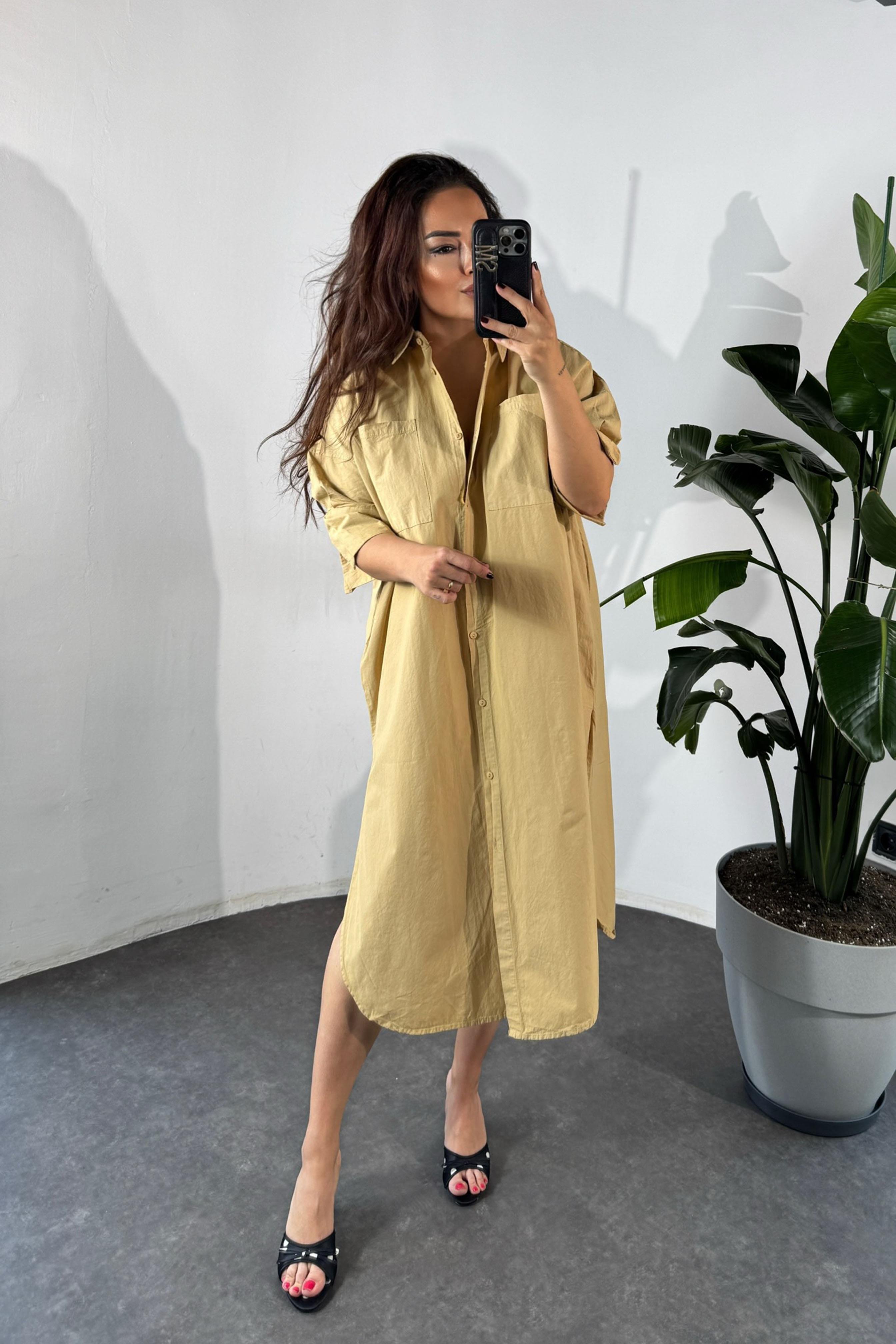 Marka Model Cep Detaylı Gömlek Elbise Camel
