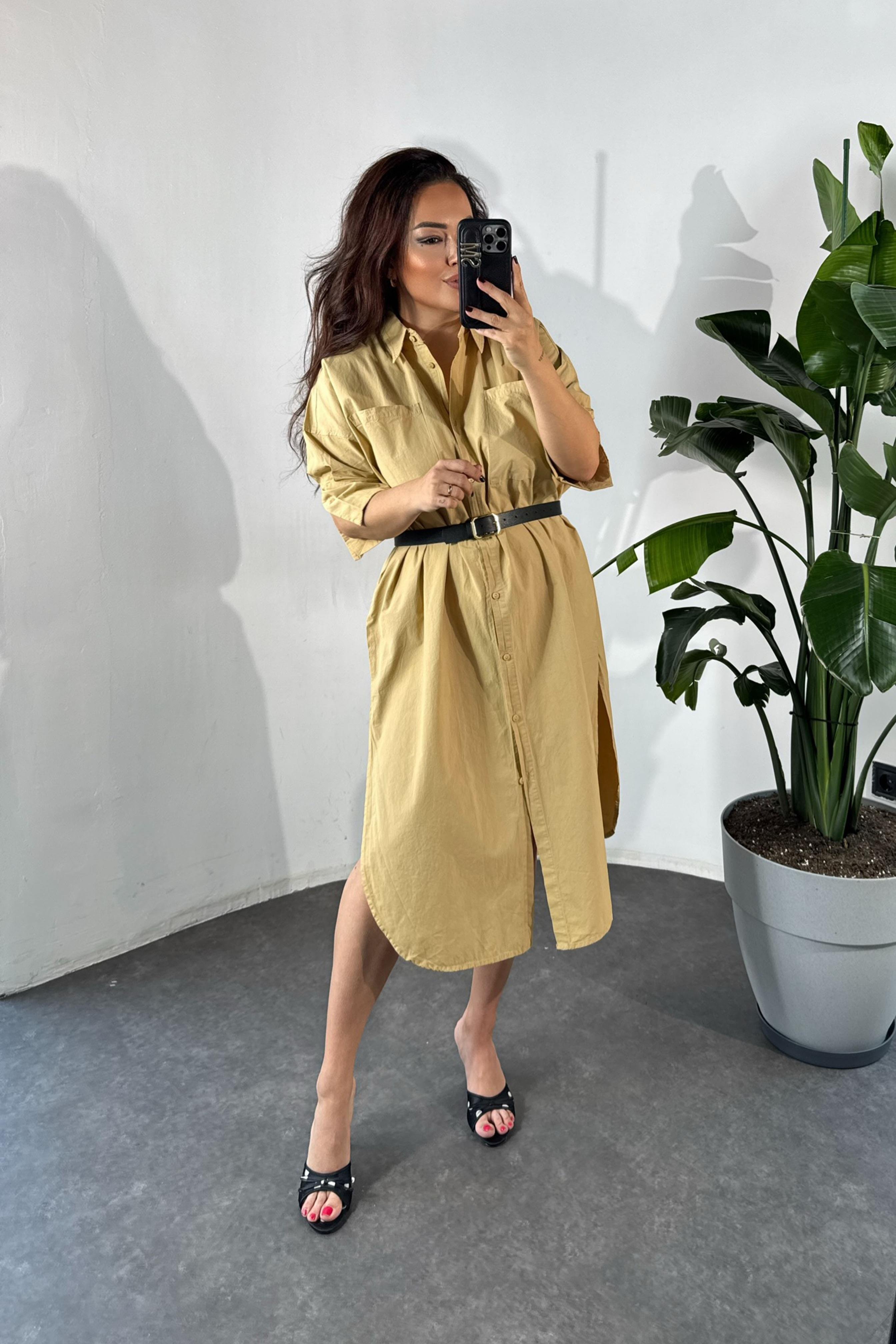 Marka Model Cep Detaylı Gömlek Elbise Camel