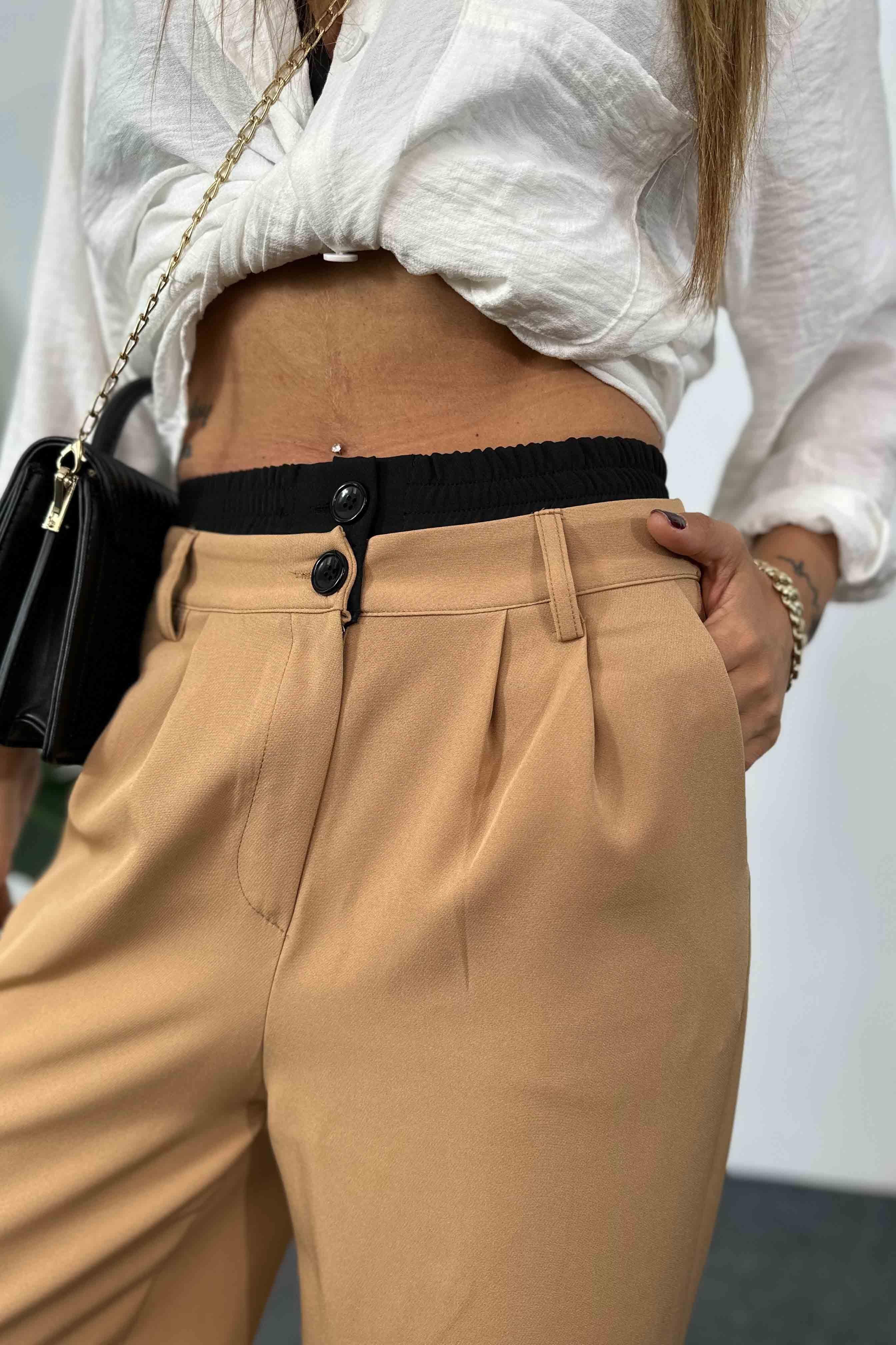 Marka Model Çift Bel Bantlı Tasarım Kadın Pantolon Camel