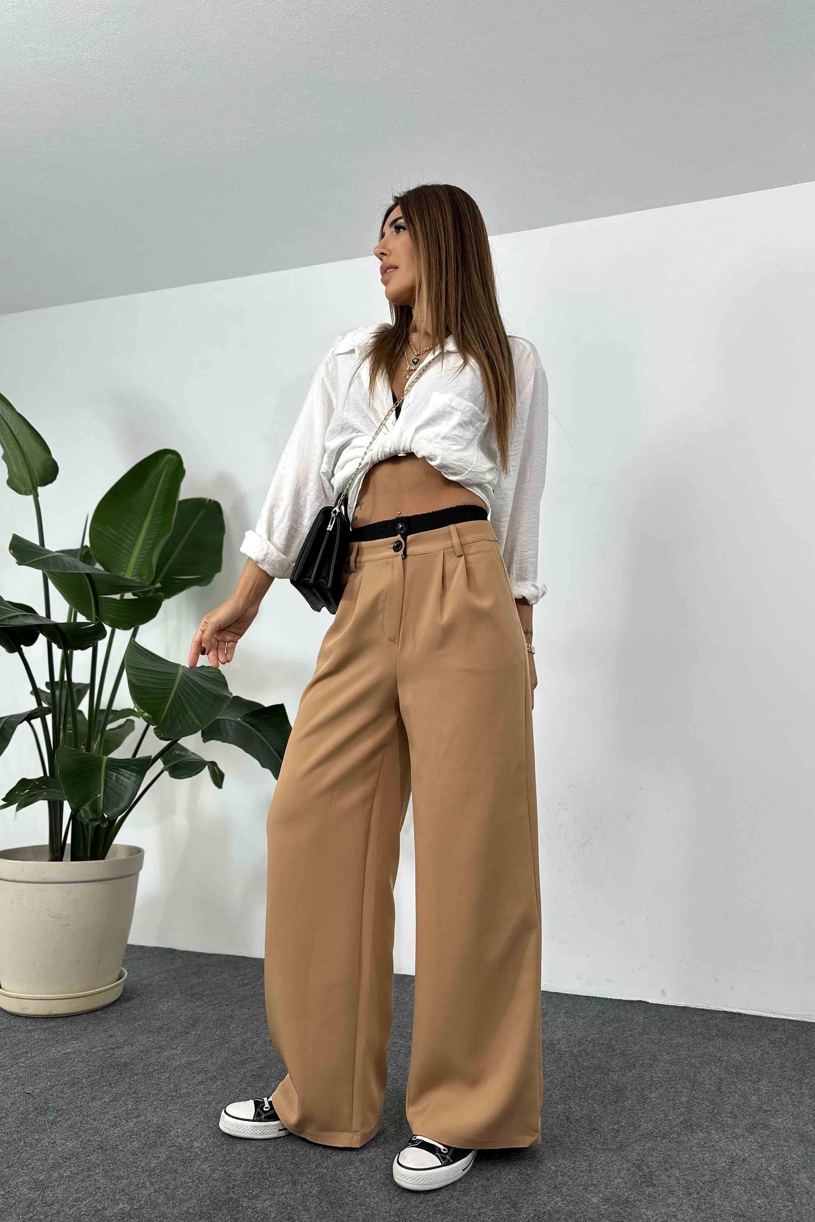 Marka Model Çift Bel Bantlı Tasarım Kadın Pantolon Camel