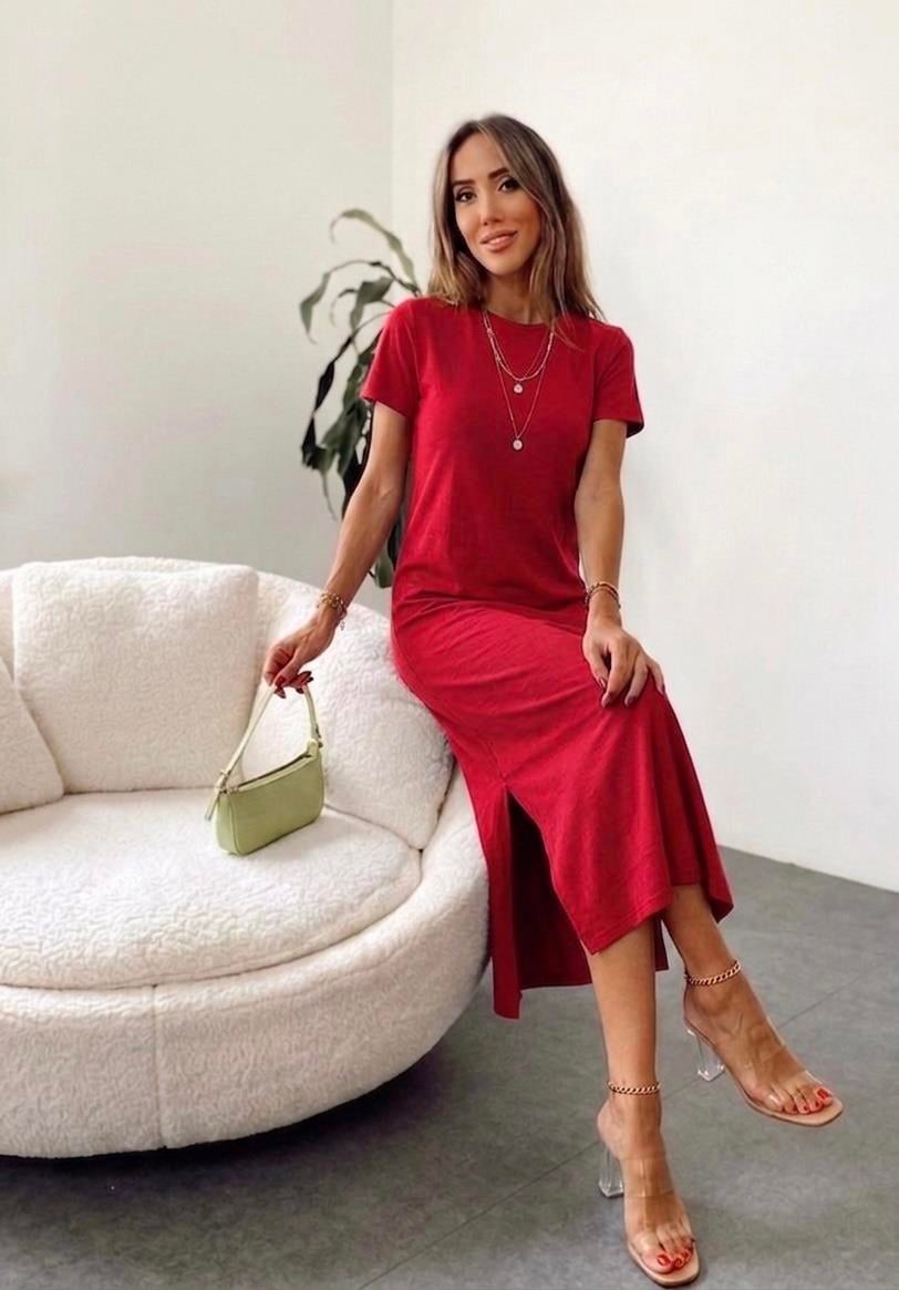 Marka Model Çift Yırtmaçlı Basic Elbise Kırmızı