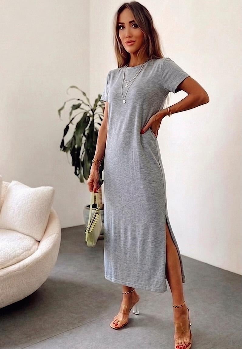 Marka Model Çift Yırtmaçlı Basic Elbise Gri