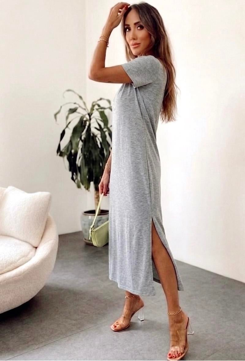 Marka Model Çift Yırtmaçlı Basic Elbise Gri