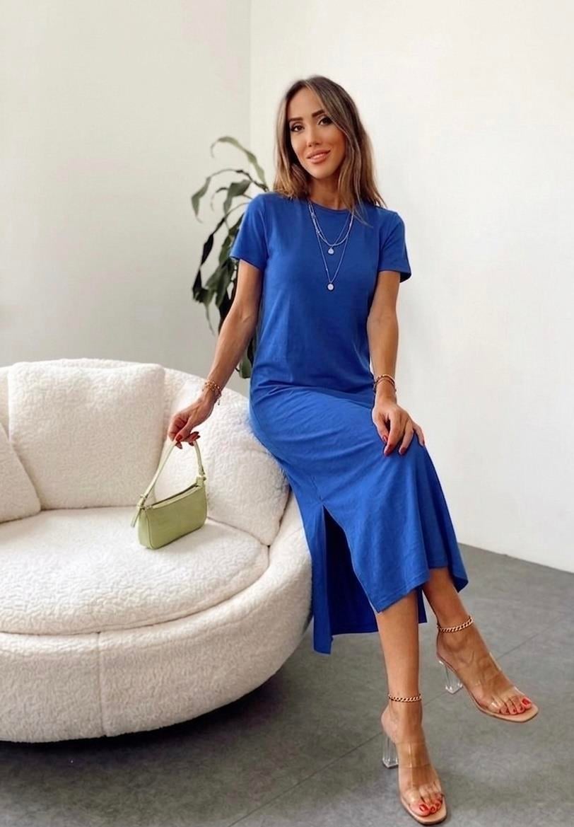 Marka Model Çift Yırtmaçlı Basic Elbise Saks Mavi