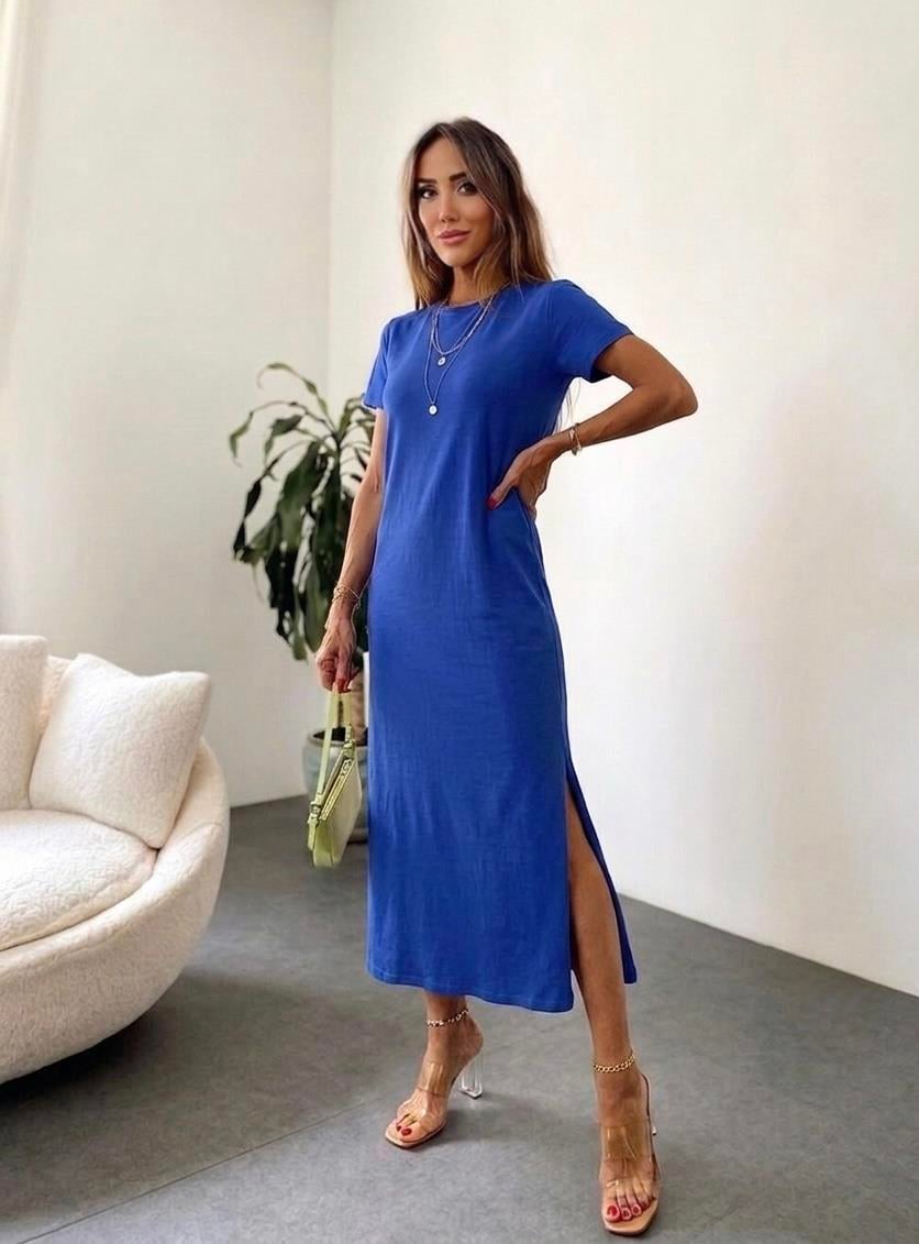 Marka Model Çift Yırtmaçlı Basic Elbise Saks Mavi