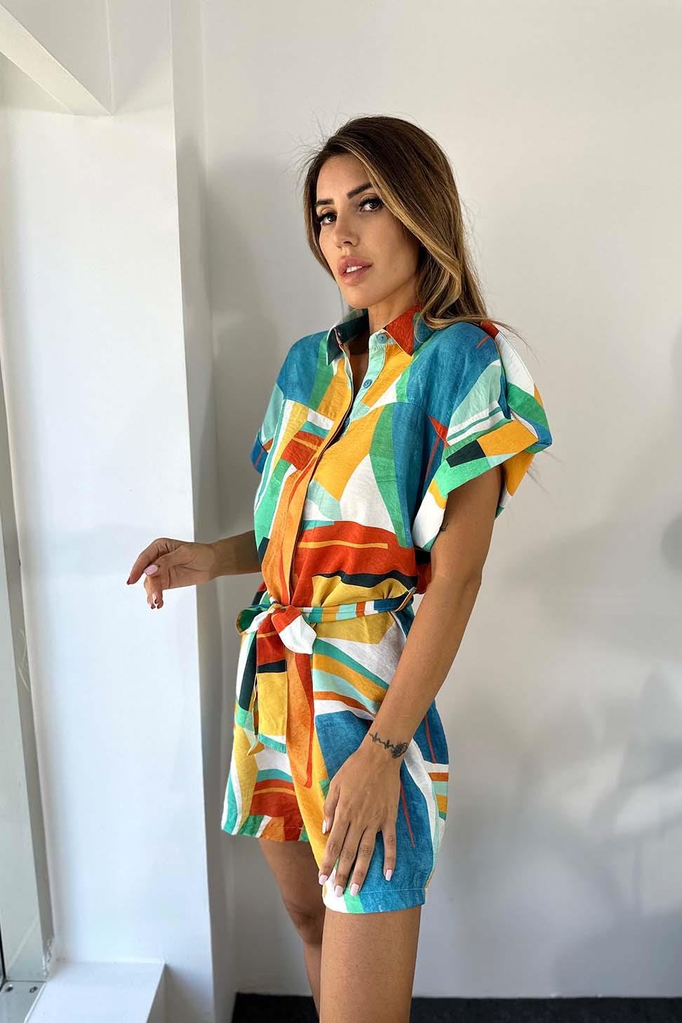 Marka Model Geometrik Desenli Kuşak Bağlamalı Tulum Renkli