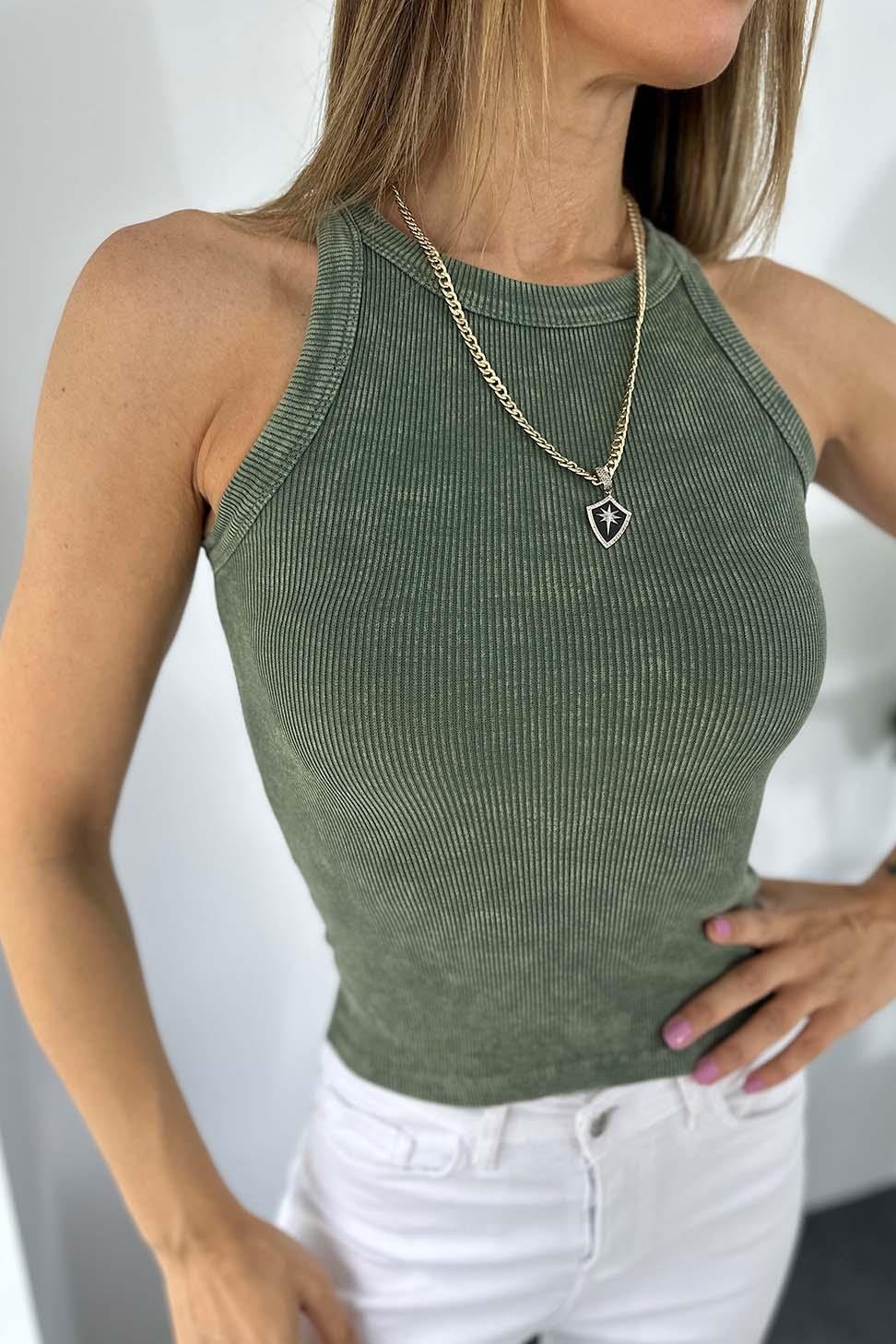 Marka Model Halter Yaka Fitilli Yıkamalı Bluz Haki