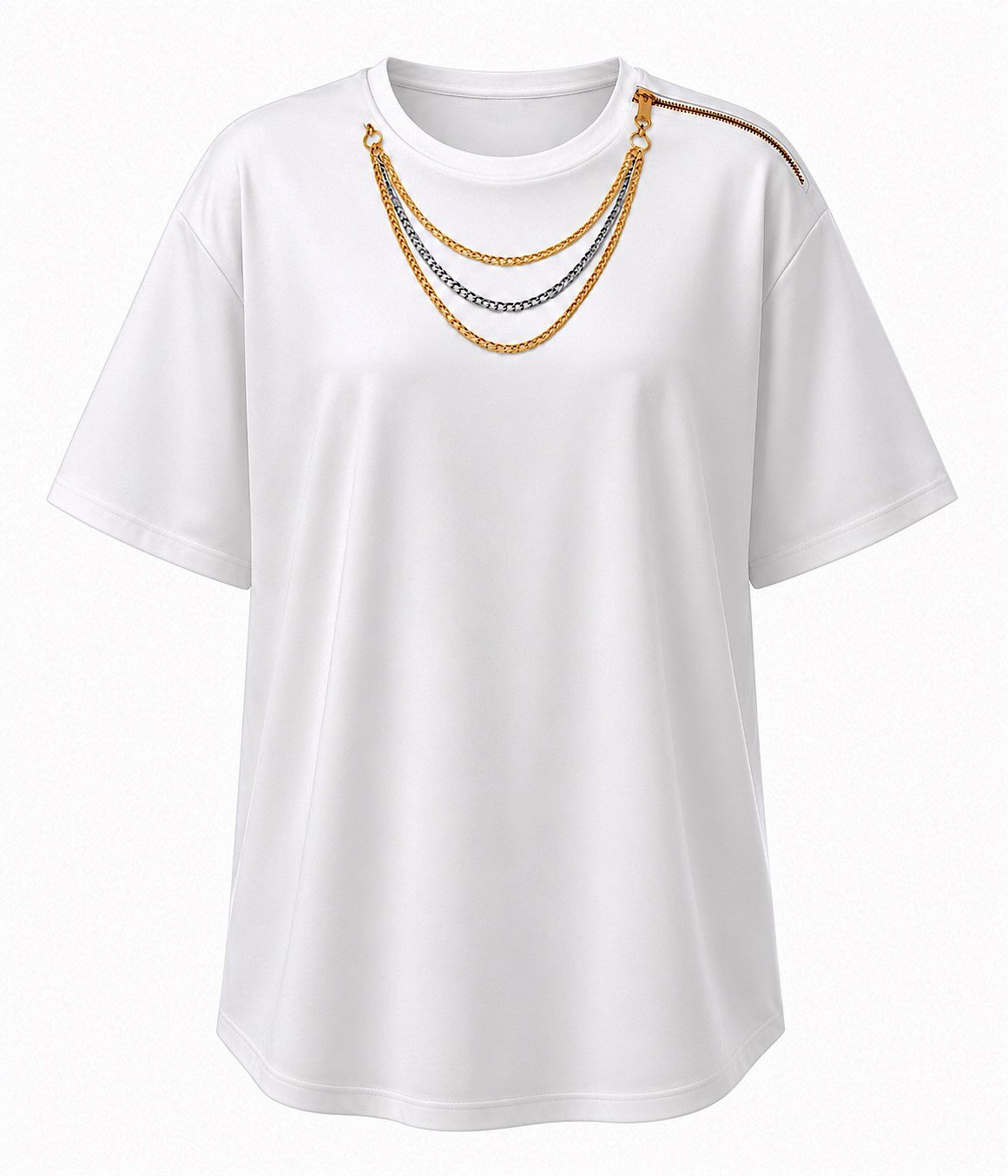 Marka Model Kolye Detaylı Fermuarlı Tshirt Beyaz