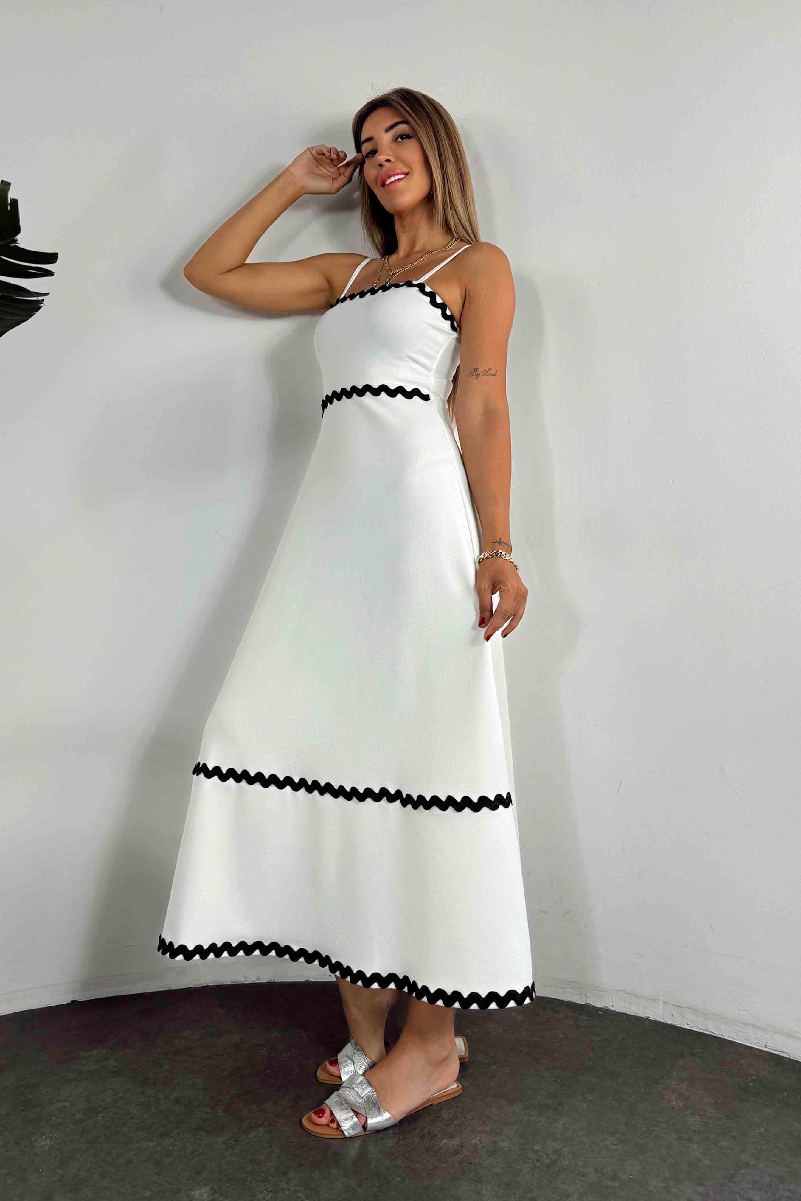 Marka Model Krep Kumaş Tasarım Elbise Beyaz