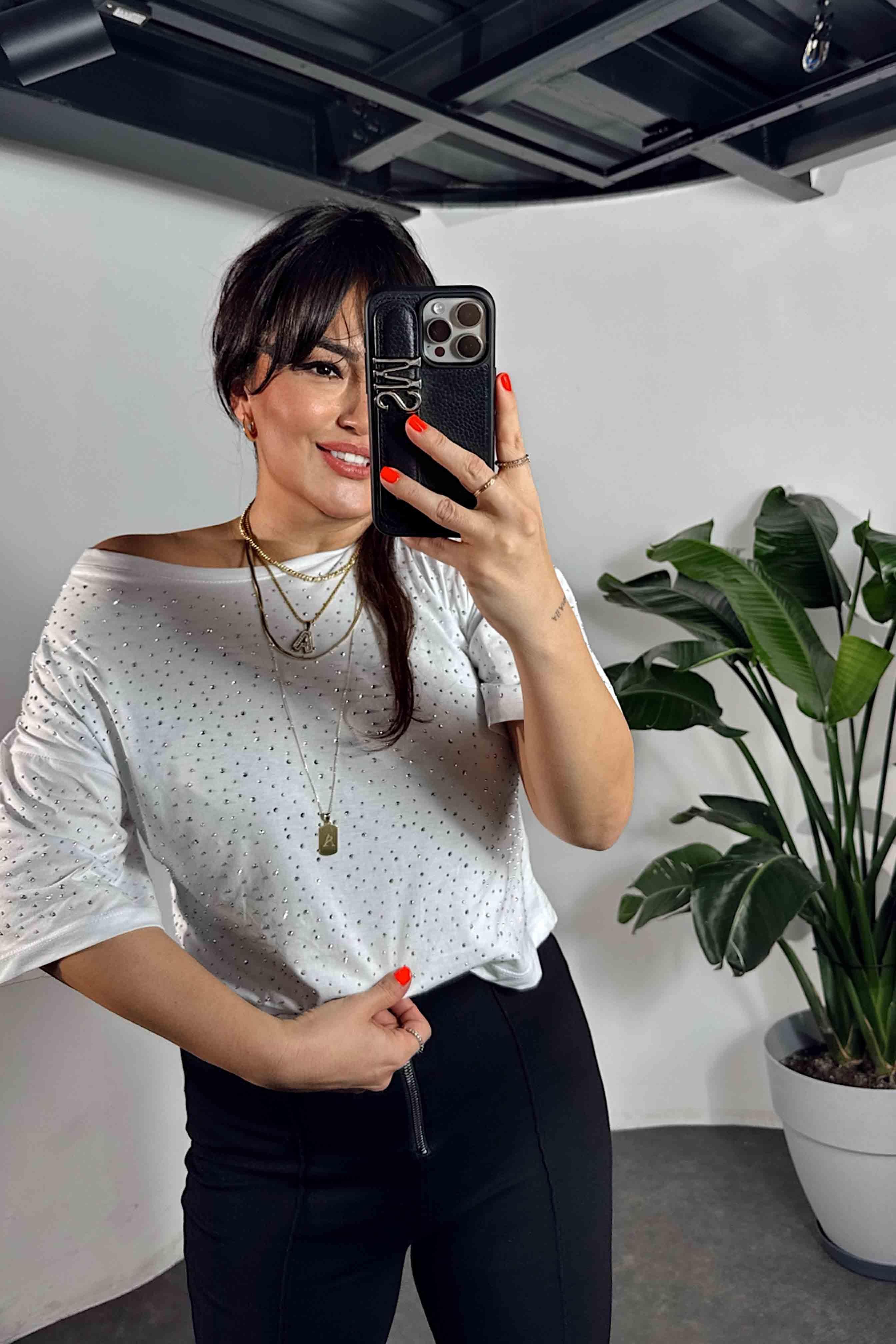Marka Model Swarovski Taş Detaylı Basic Tişört Beyaz