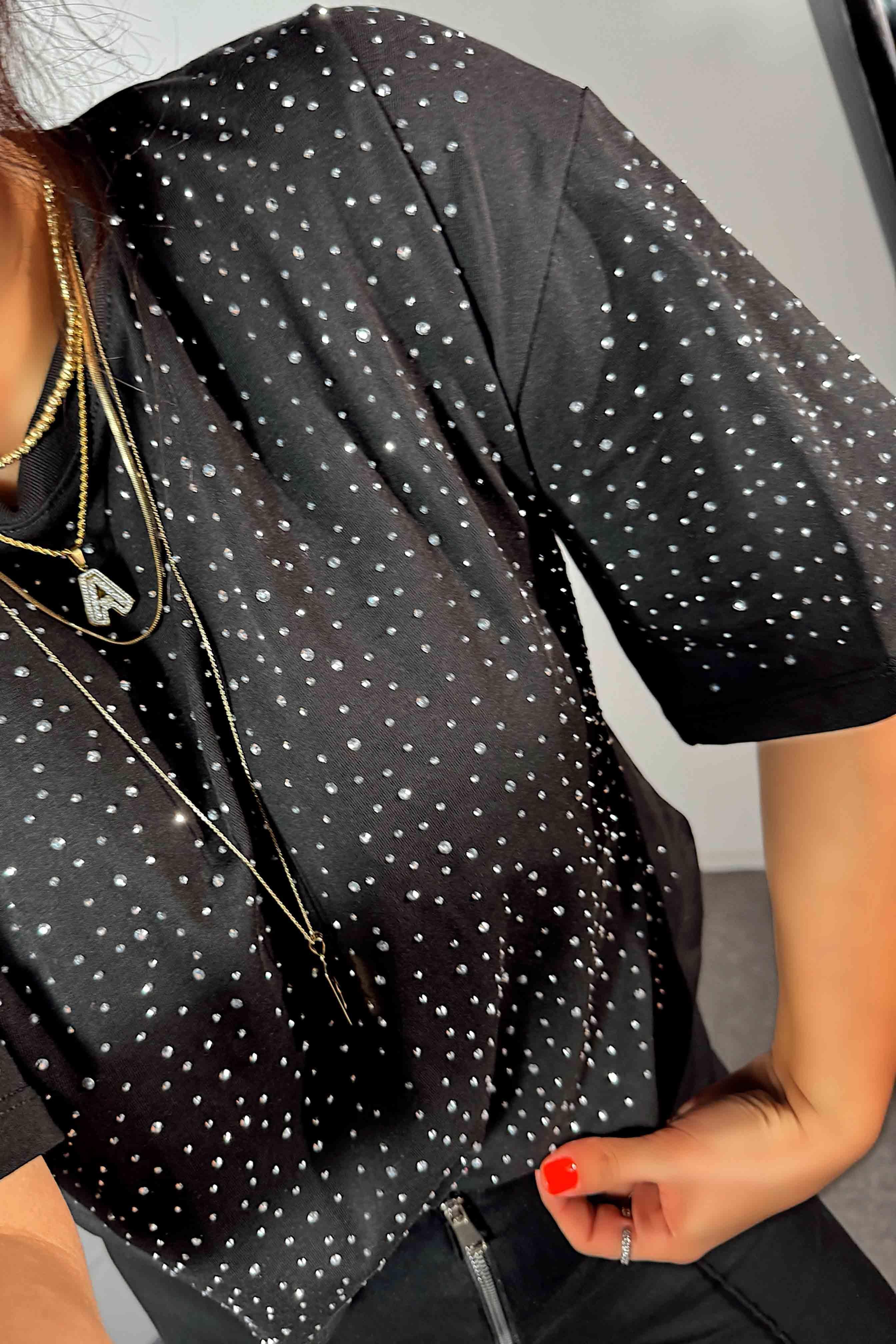Marka Model Swarovski Taş Detaylı Basic Tişört Siyah