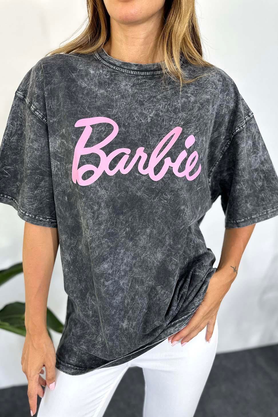 Marka Model Yıkamalı Barbie Yazılı Kadın Tişört Antrasit
