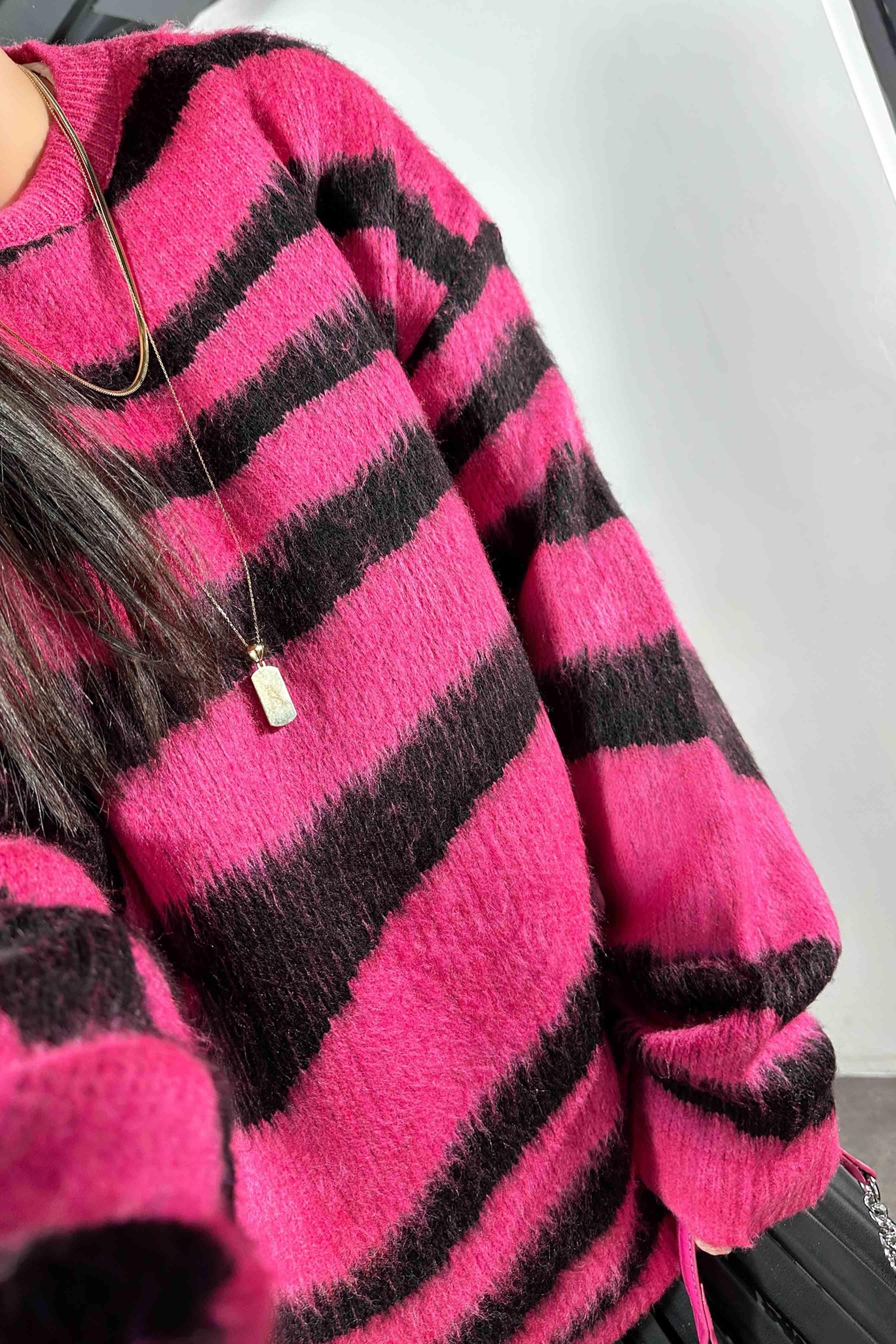Marka Model Zebra Desen Bisiklet Yaka Yumoş Kazak Pembe