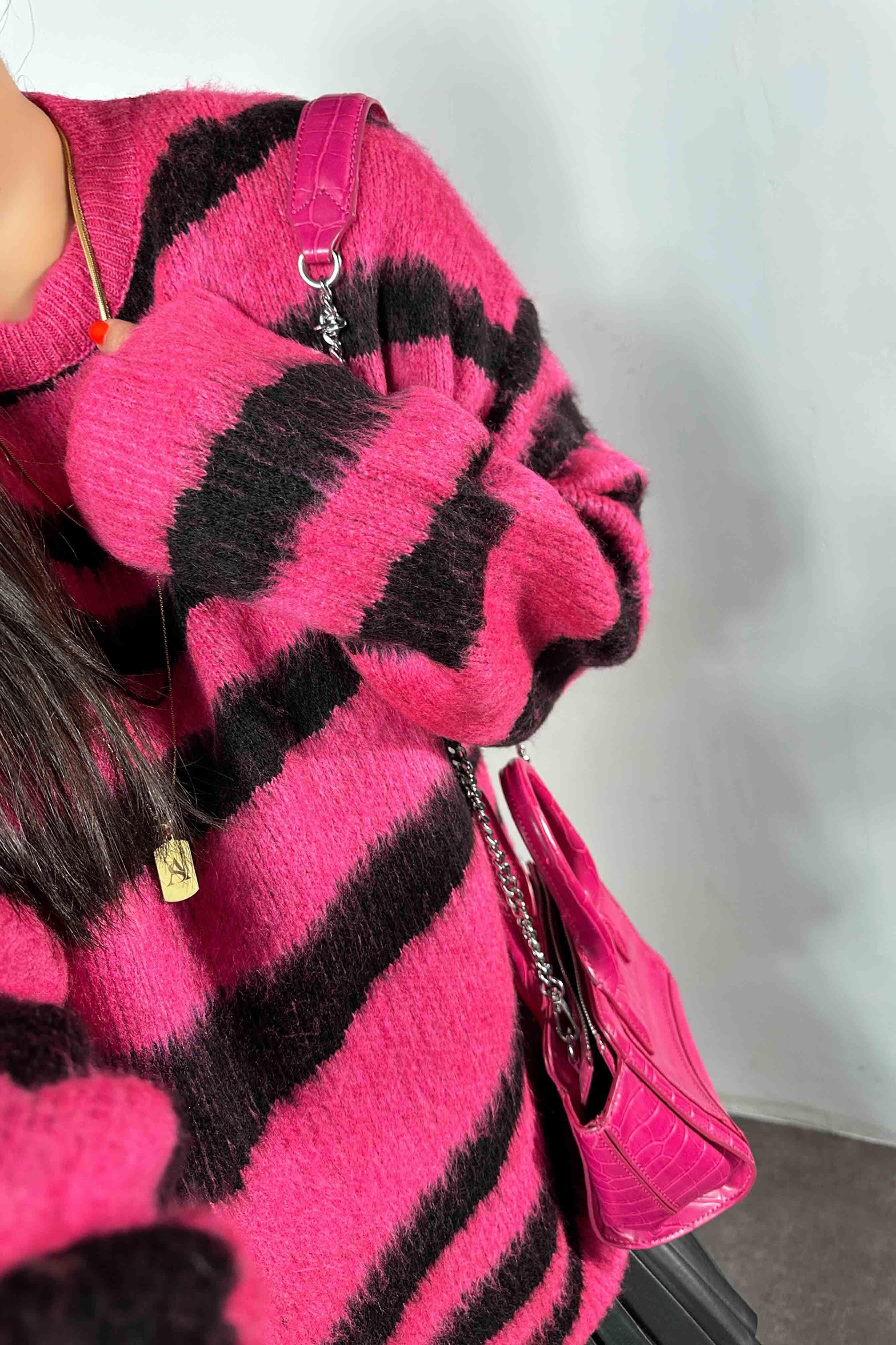 Marka Model Zebra Desen Bisiklet Yaka Yumoş Kazak Pembe