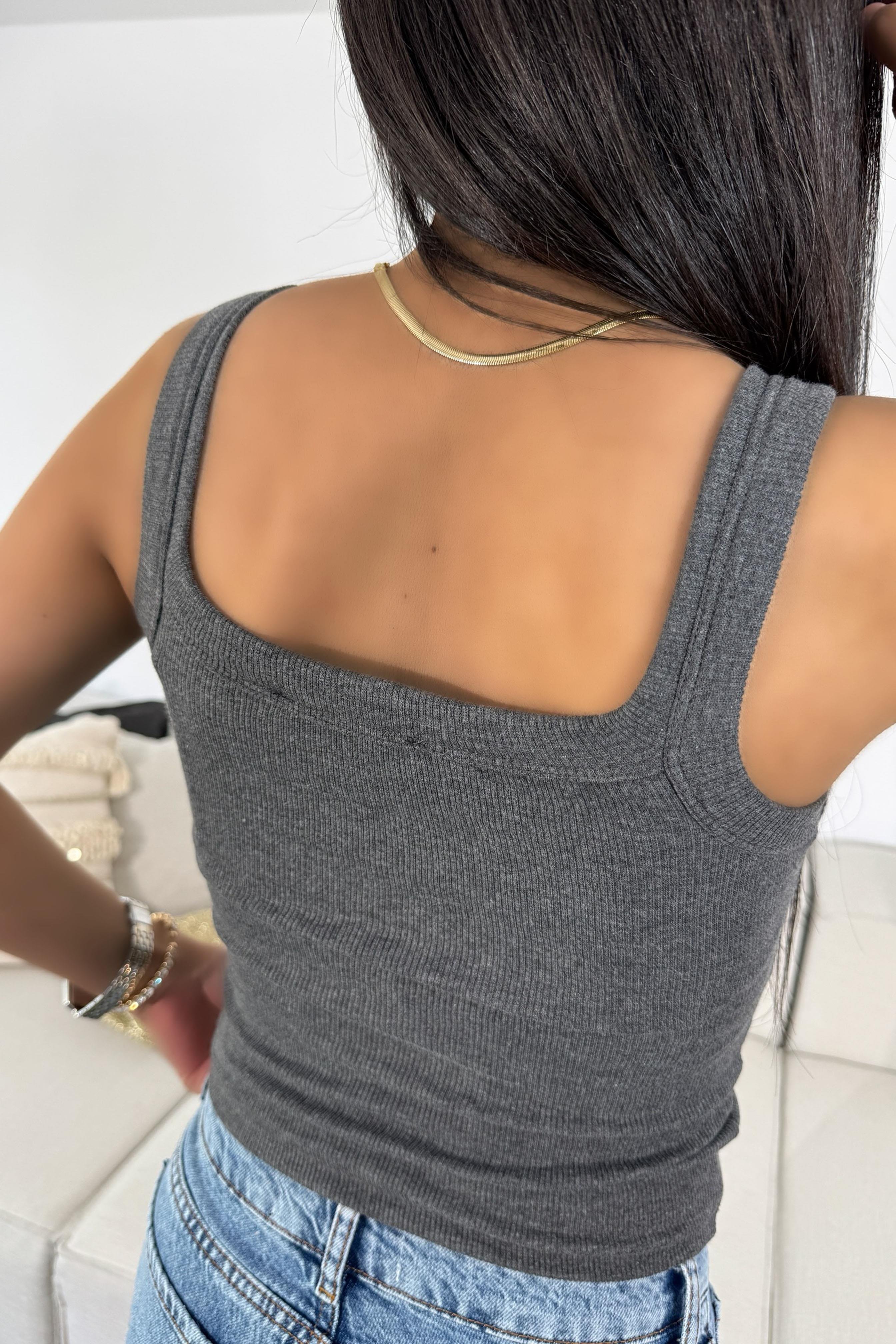 Marka Muadil Askılı Tasarım Crop Bluz Antrasit