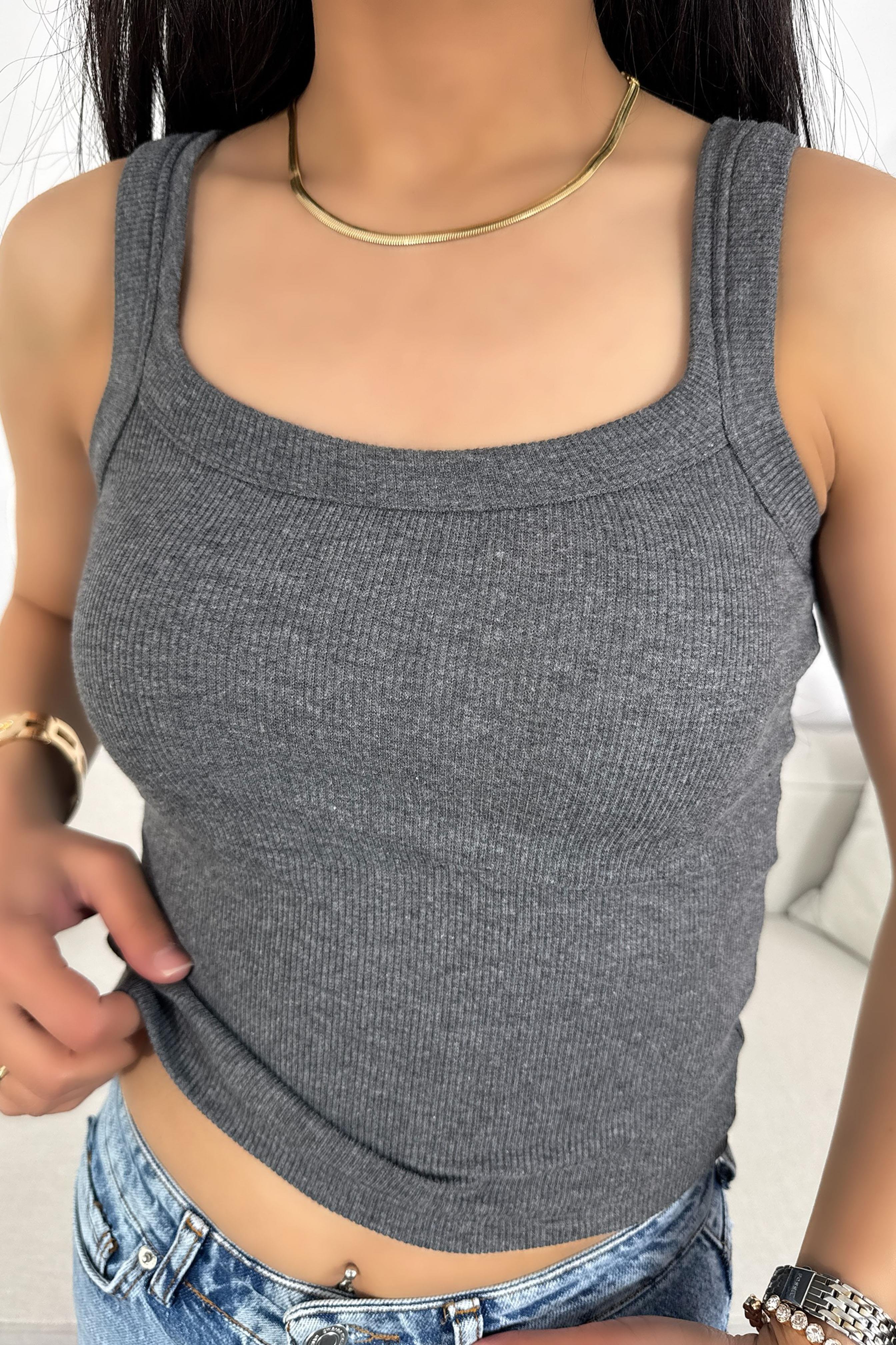 Marka Muadil Askılı Tasarım Crop Bluz Antrasit