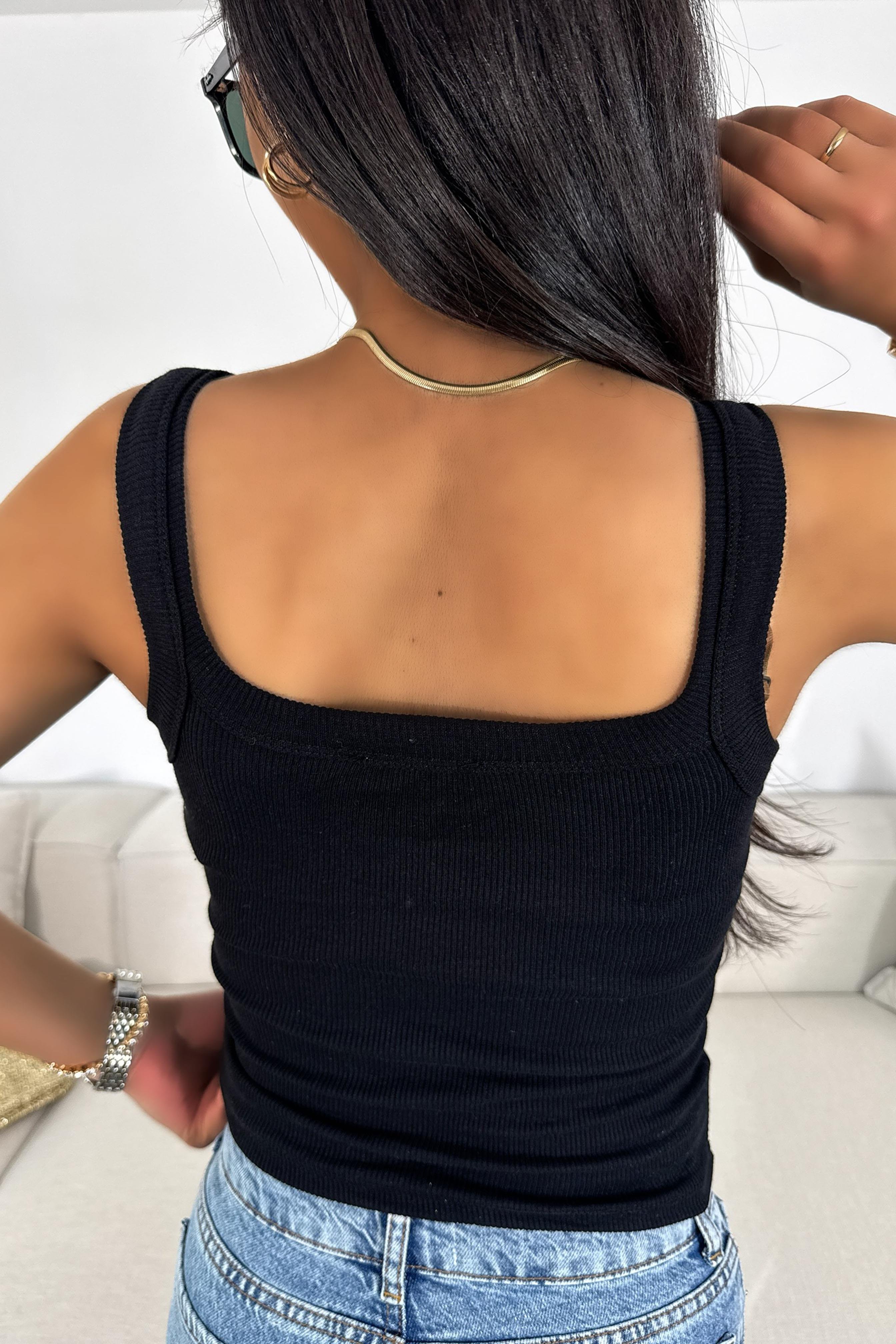 Marka Muadil Askılı Tasarım Crop Bluz Siyah