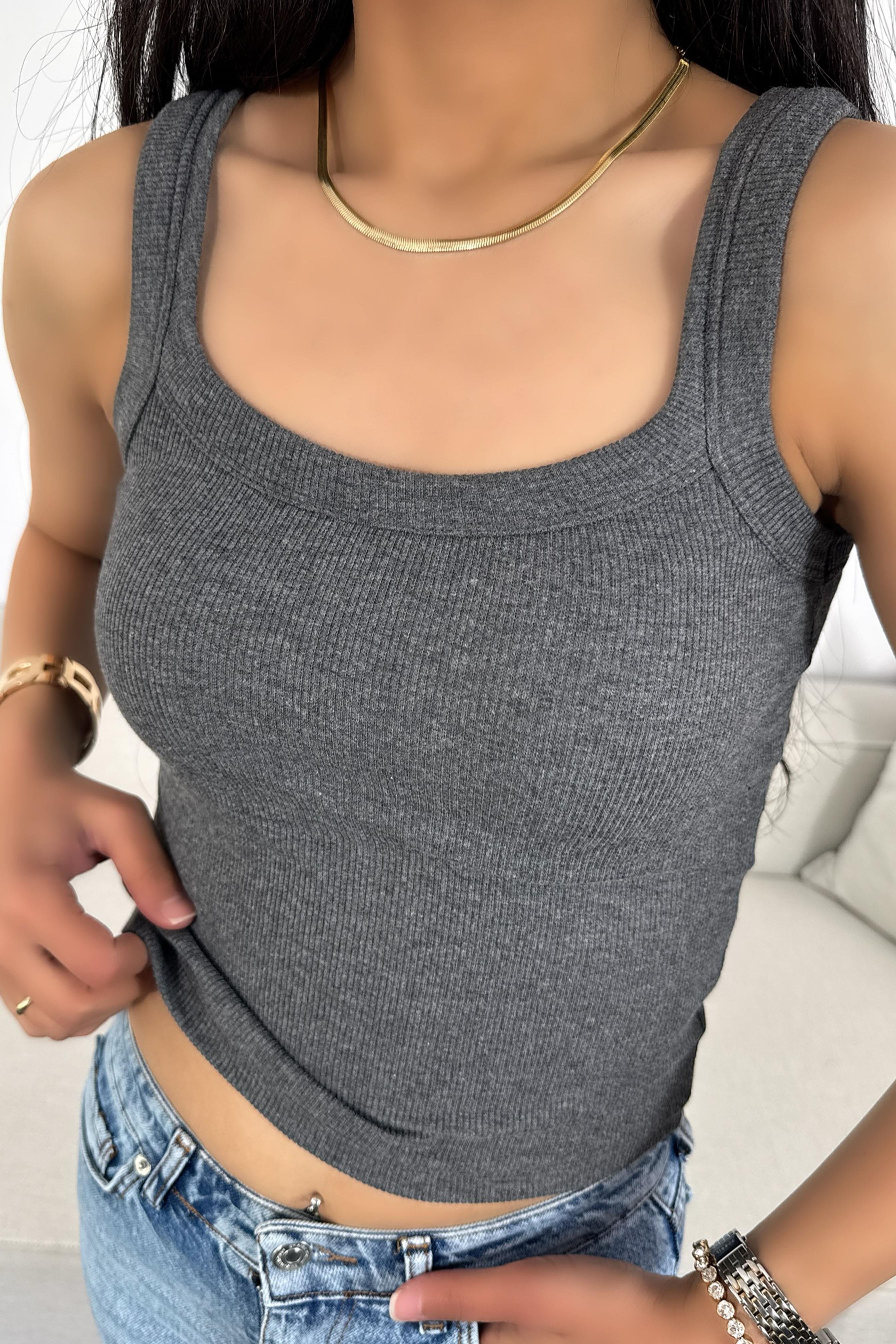 Marka Muadil Askılı Tasarım Crop Bluz Antrasit