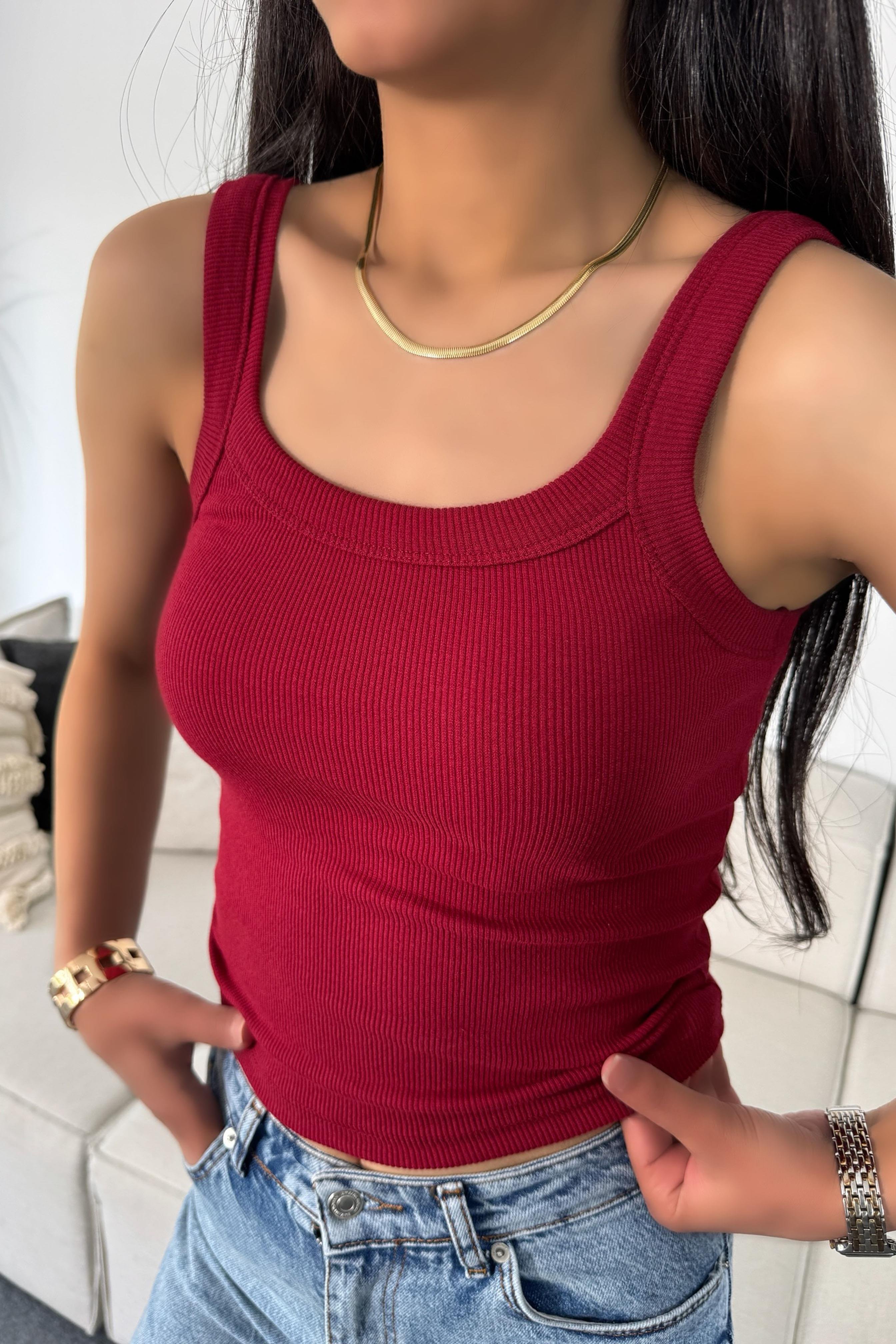 Marka Muadil Askılı Tasarım Crop Bluz Bordo
