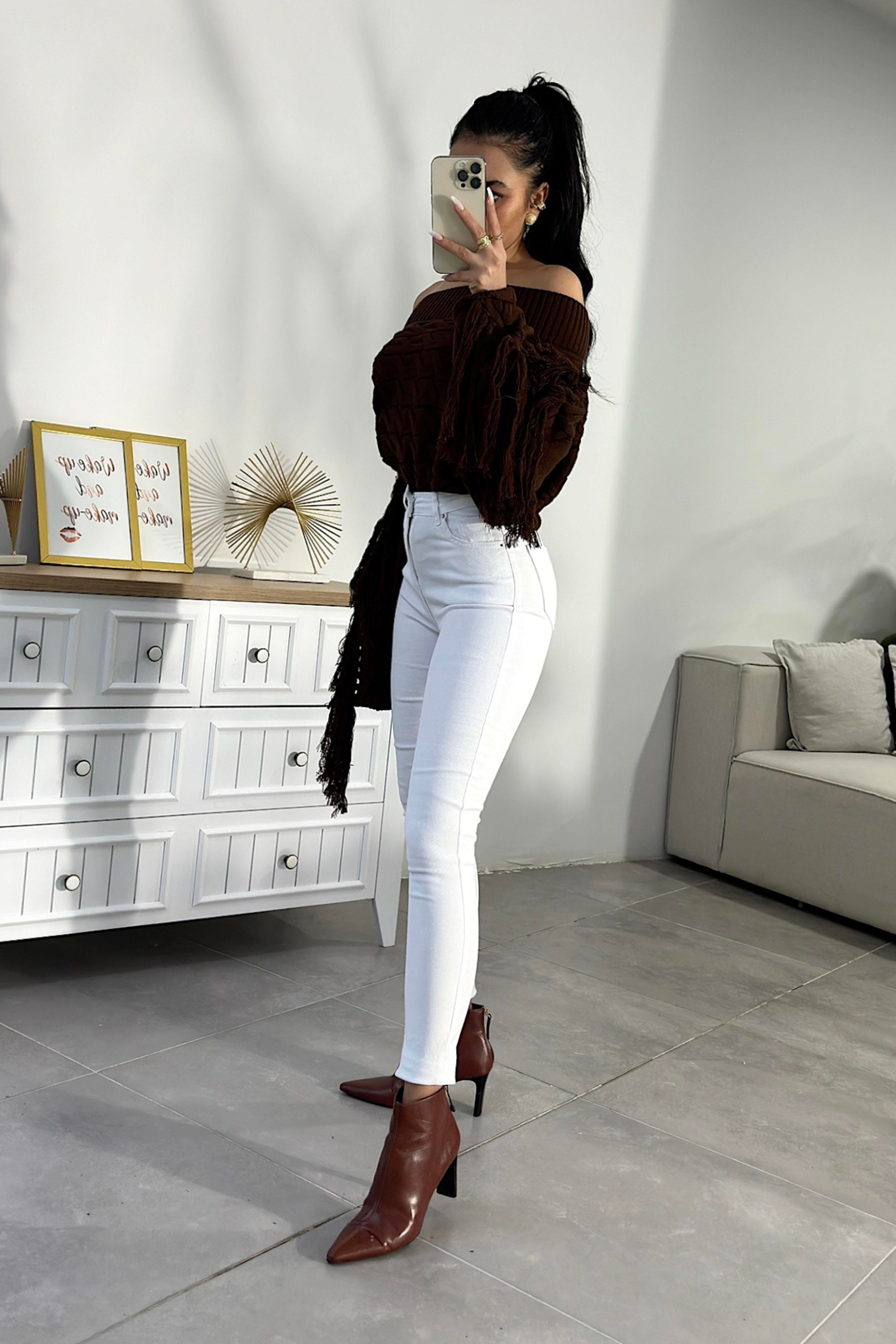Marka Muadil Yüksek Bel Slim Fit Jean Pantolon Beyaz
