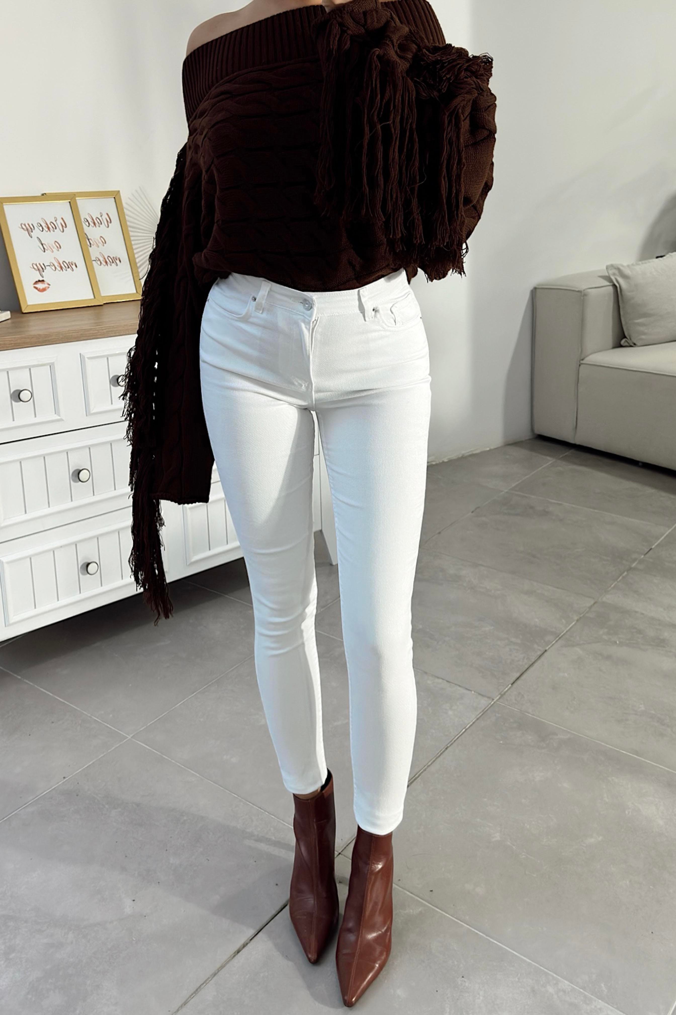 Marka Muadil Yüksek Bel Slim Fit Jean Pantolon Beyaz