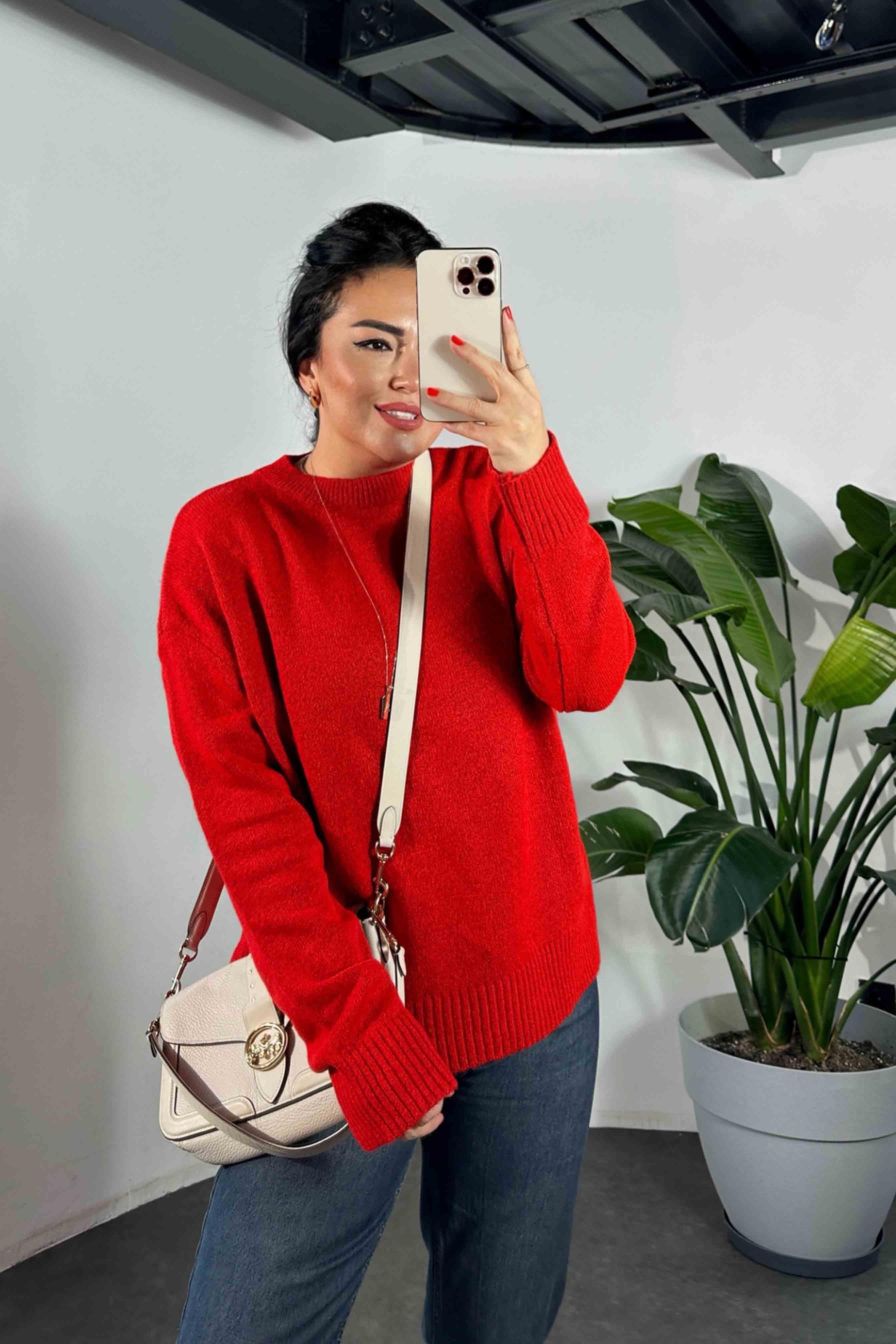 Massi Model Bisiklet Yaka Basic Yumoş Kazak Kırmızı