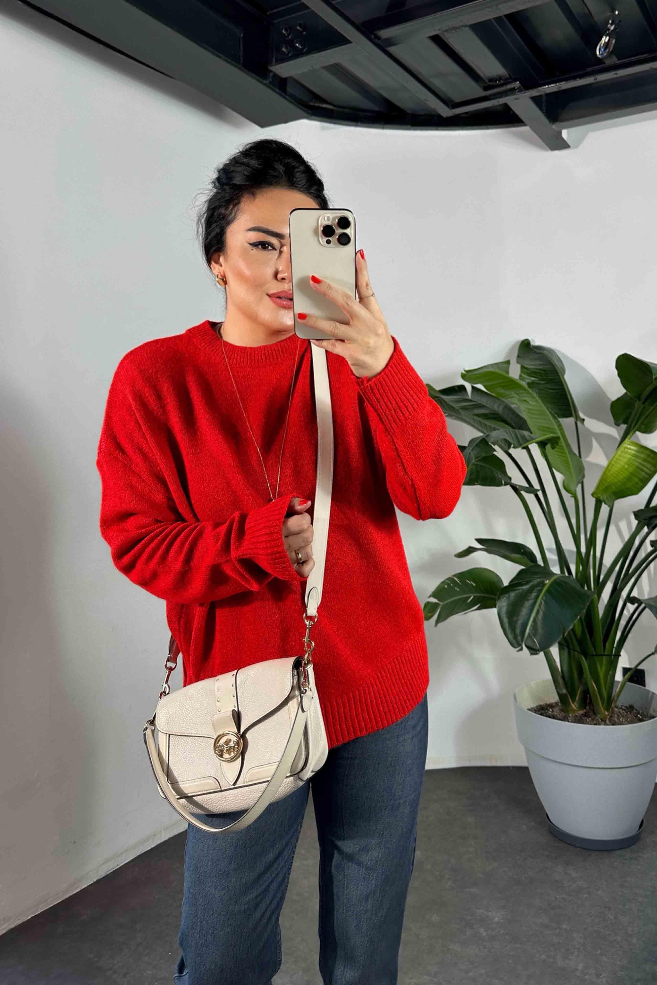 Massi Model Bisiklet Yaka Basic Yumoş Kazak Kırmızı