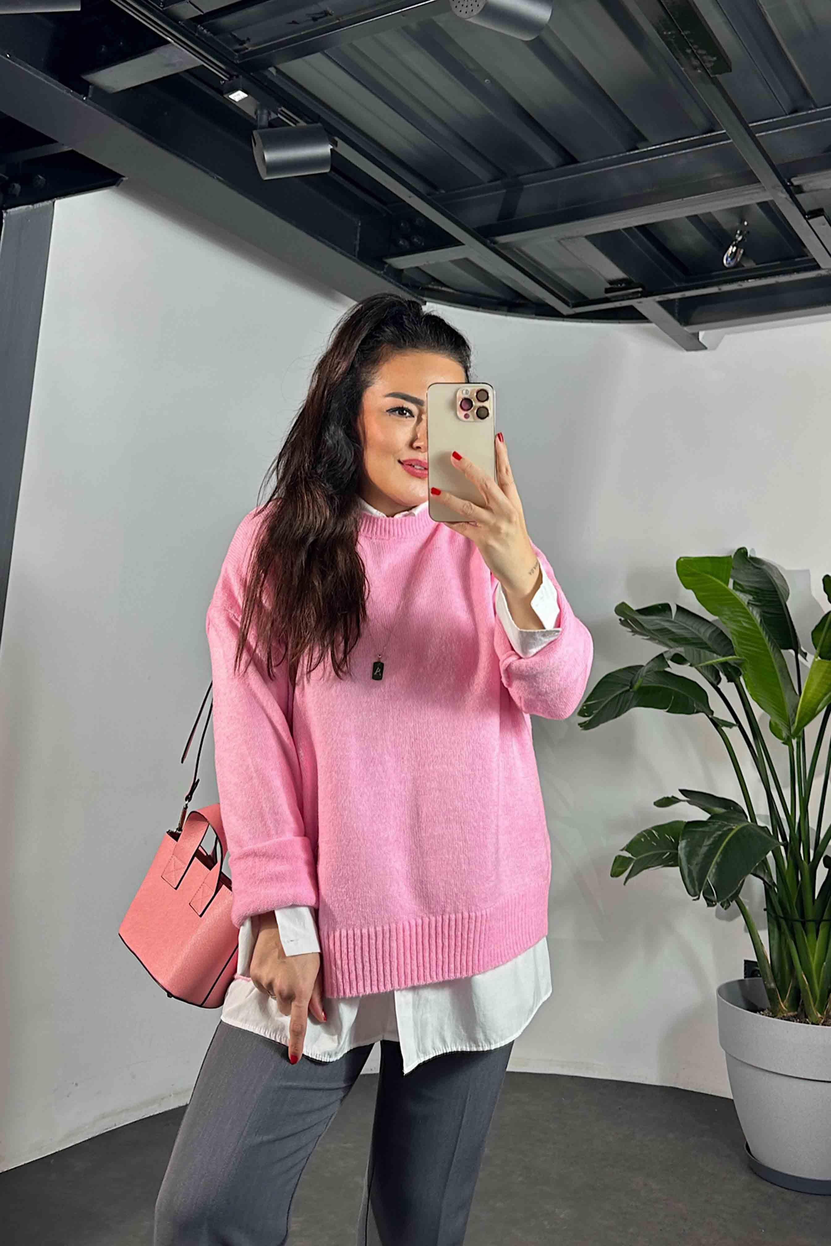 Massi Model Bisiklet Yaka Basic Yumoş Kazak Pembe