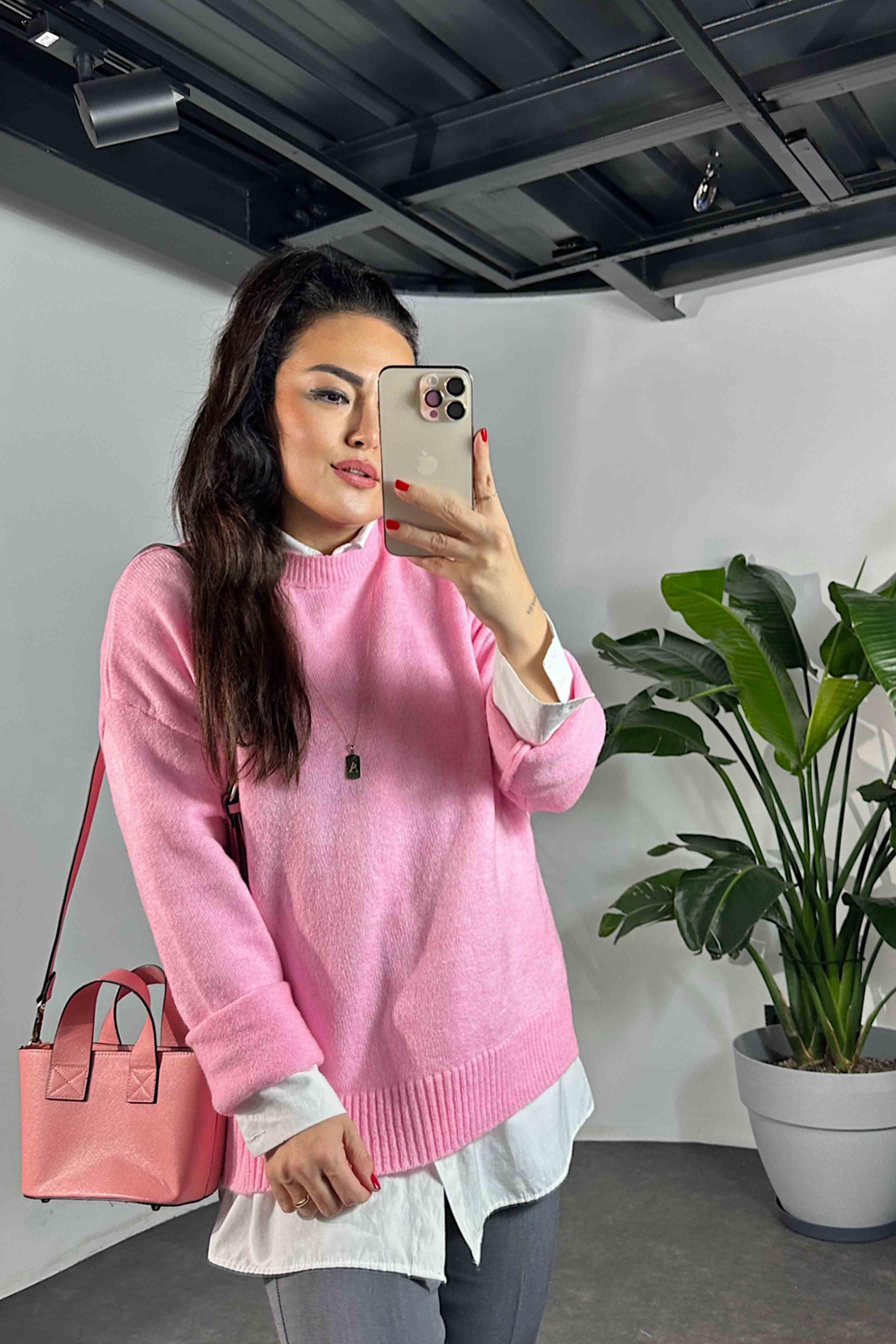 Massi Model Bisiklet Yaka Basic Yumoş Kazak Pembe