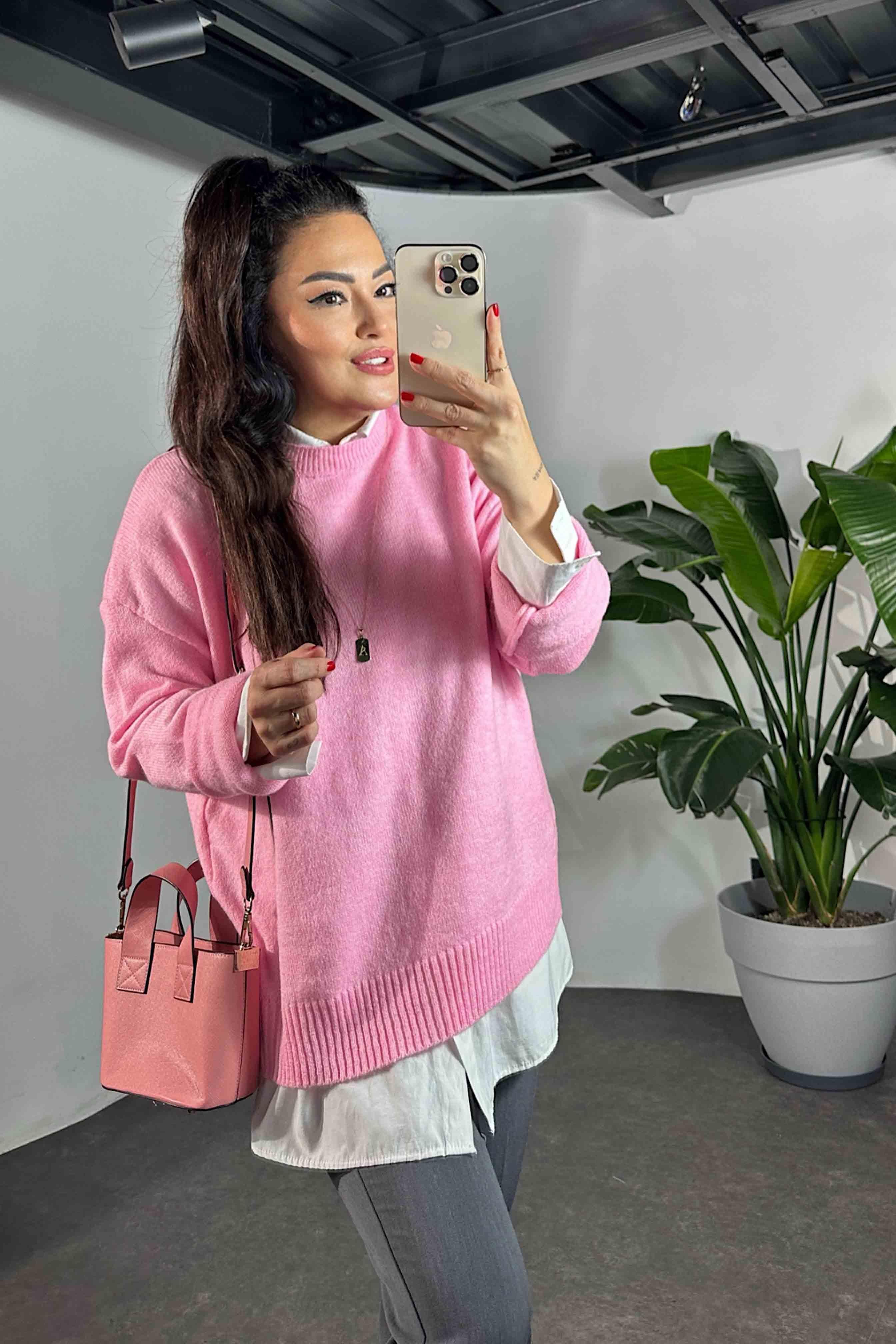 Massi Model Bisiklet Yaka Basic Yumoş Kazak Pembe