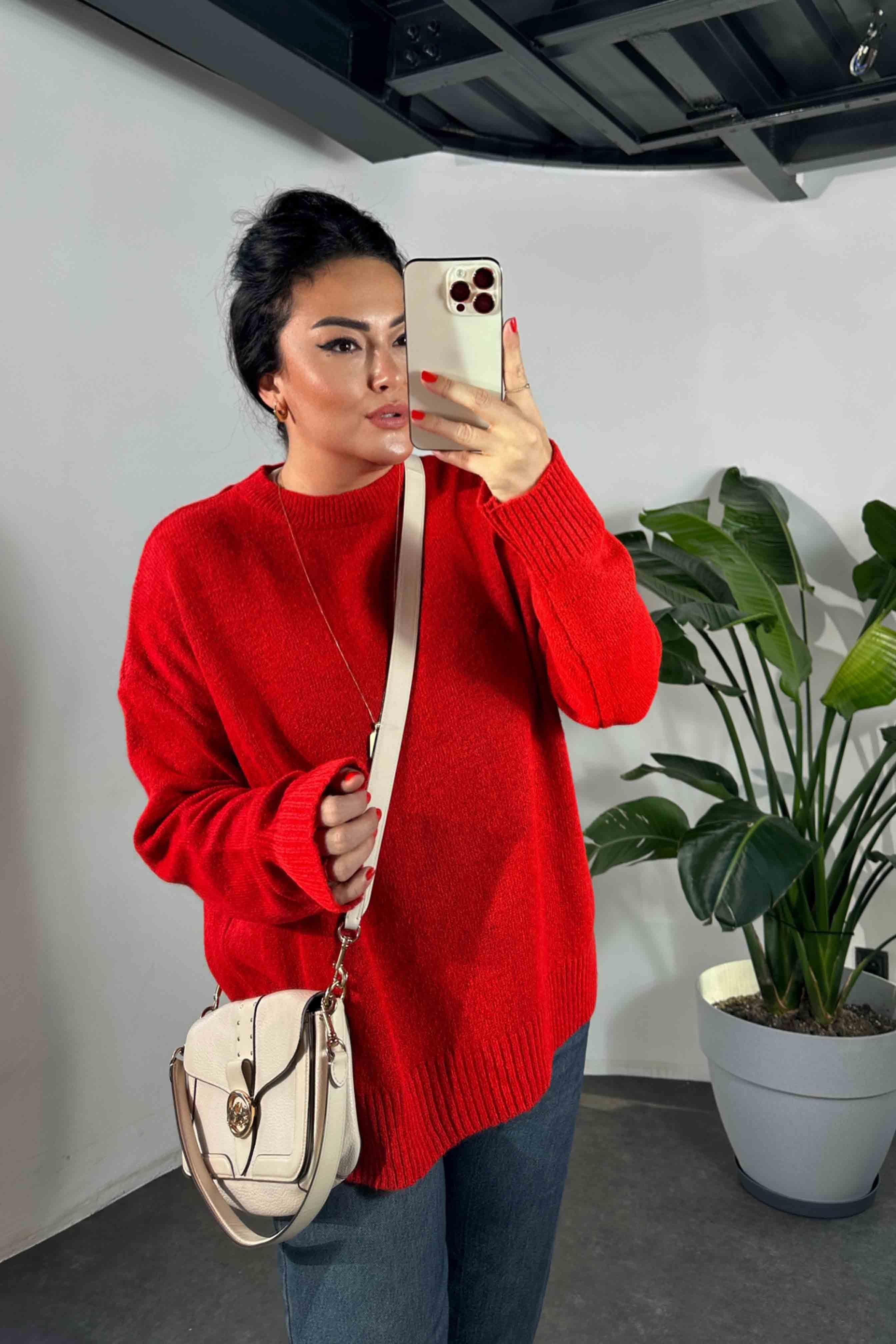 Massi Model Bisiklet Yaka Basic Yumoş Kazak Kırmızı