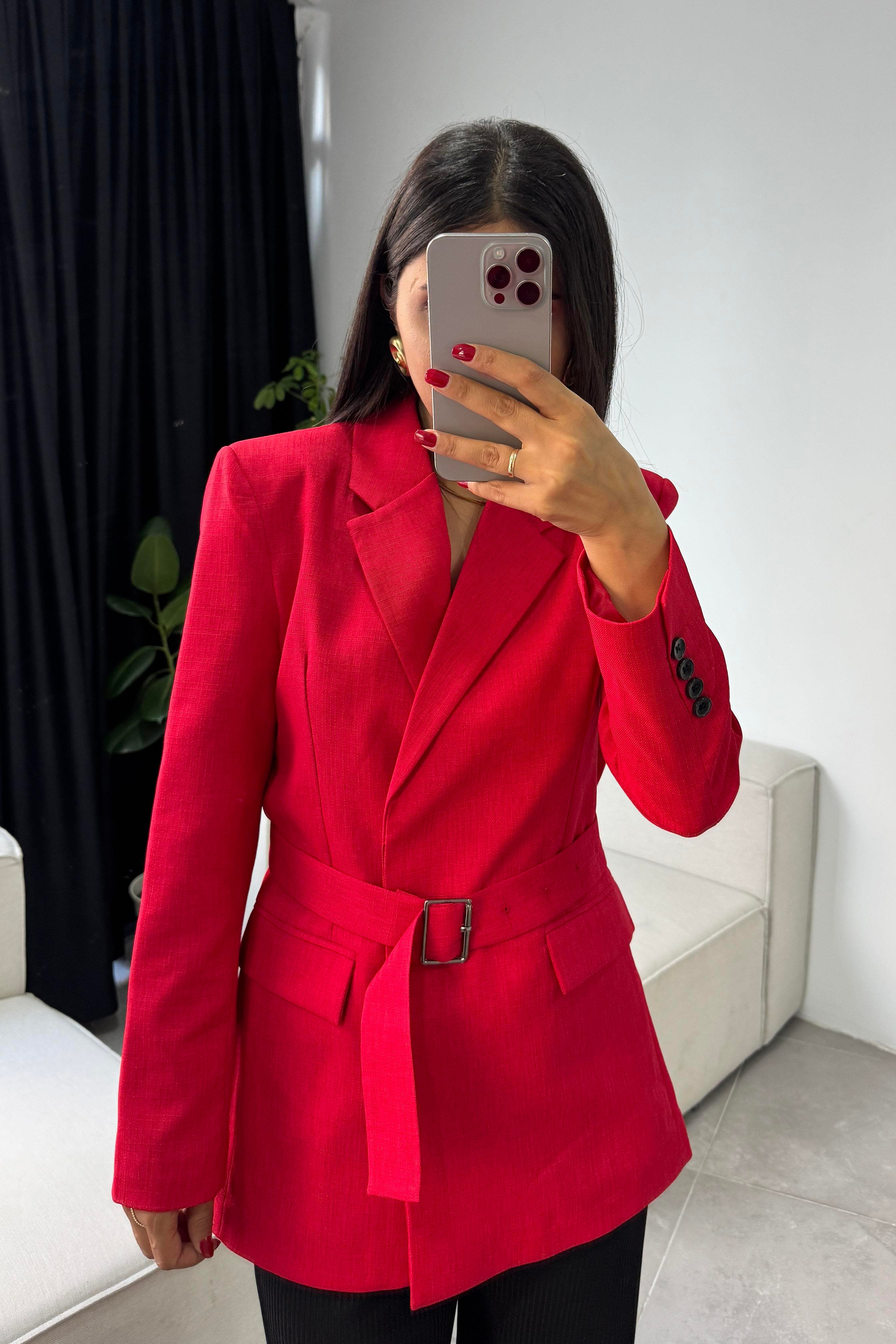 Massi Model Kuşak Bağlamalı Blazer Ceket Kırmızı