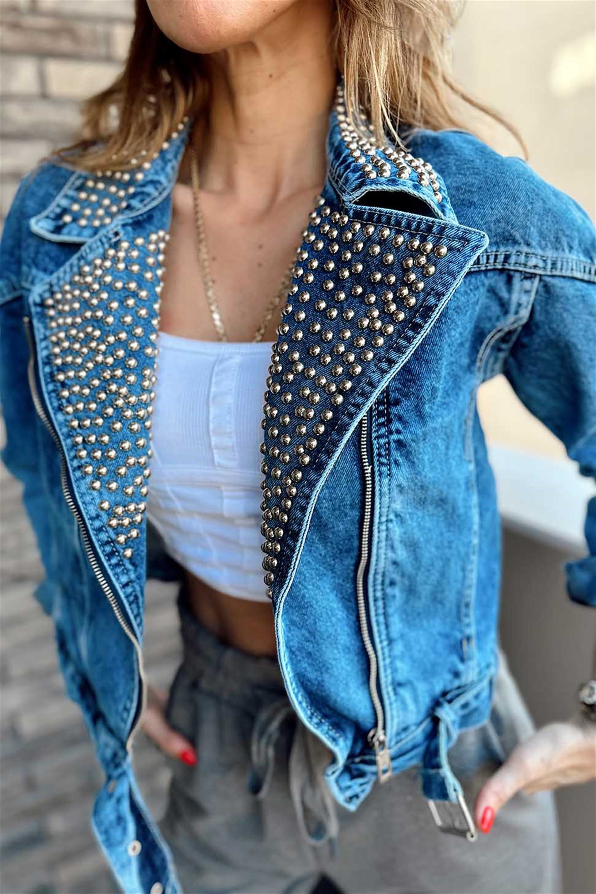 Mavi Biker Silver Zımba Detaylı Tasarım Penny Jean Ceket